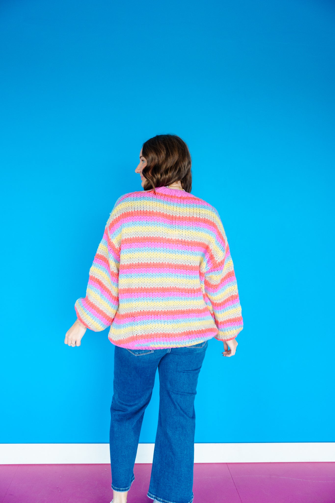 Patsy Knit Cardigan - Coral Red + Duck Egg + Orchid