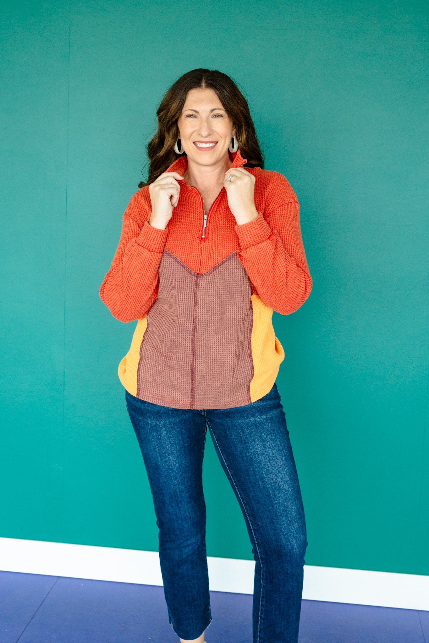 Logan Waffle Knit Pullover - Rust + Saffron