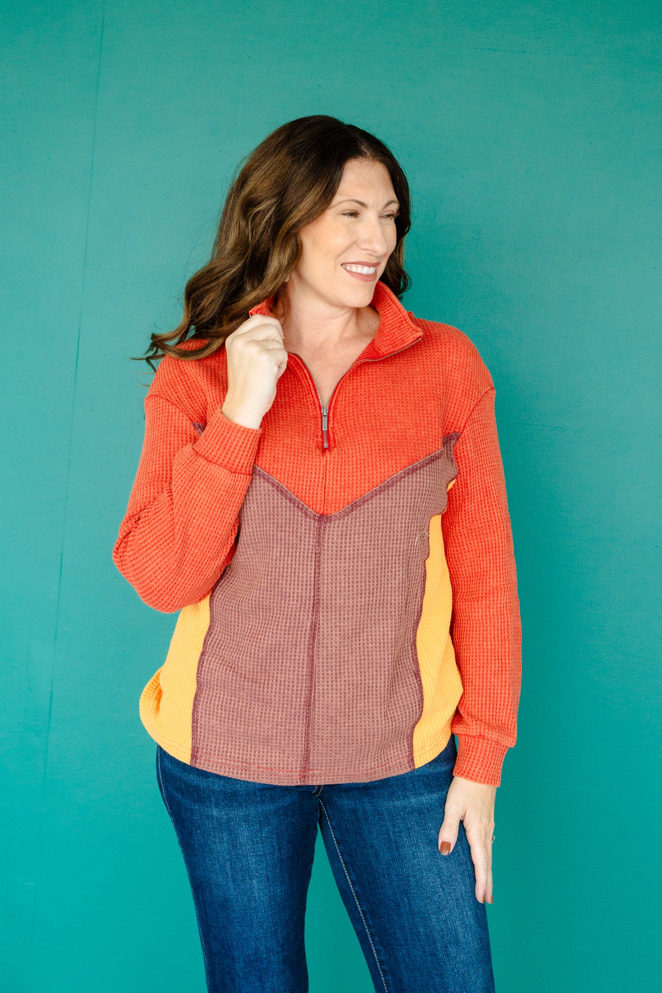 Logan Waffle Knit Pullover - Rust + Saffron