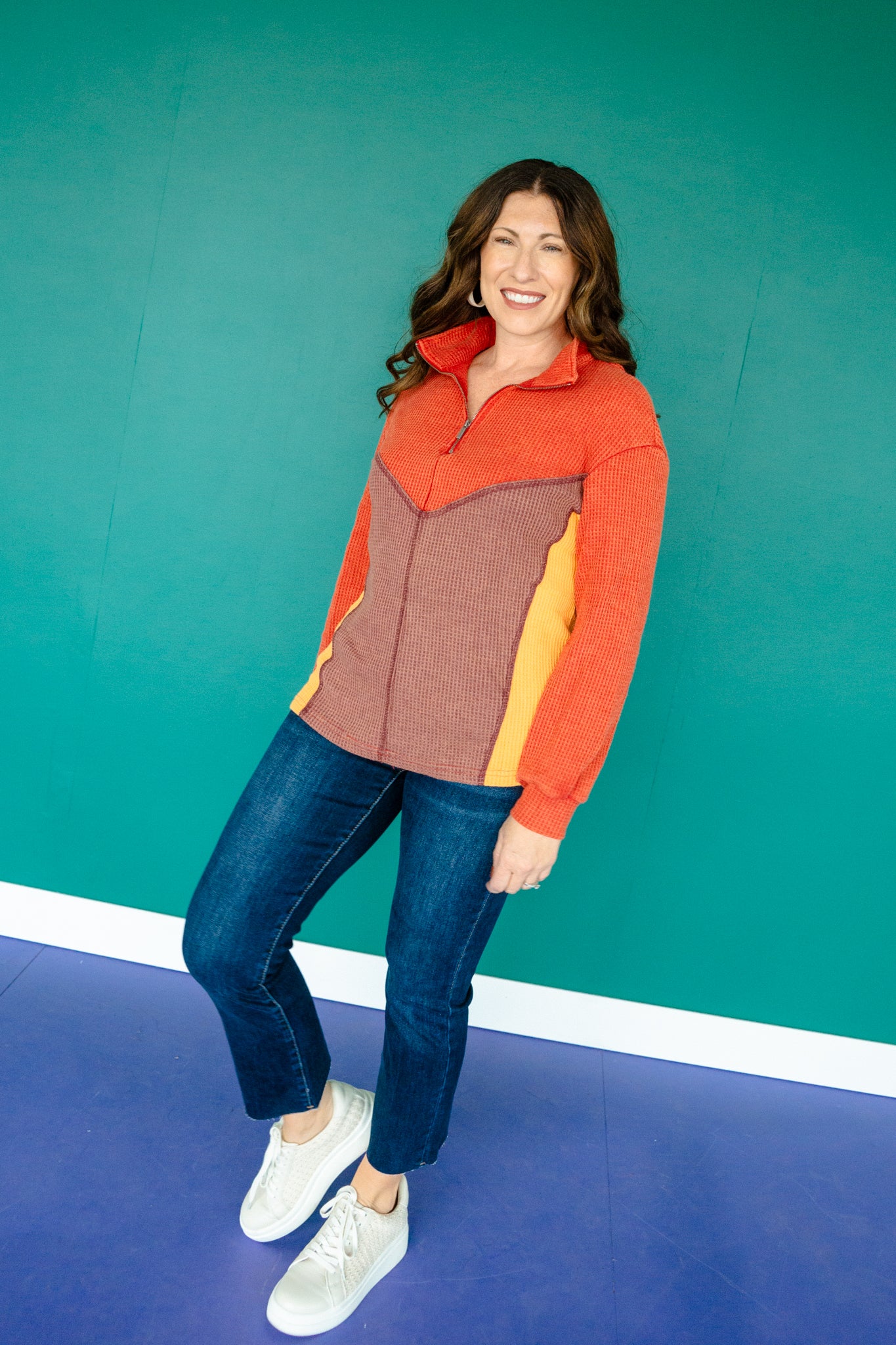 Logan Waffle Knit Pullover - Rust + Saffron