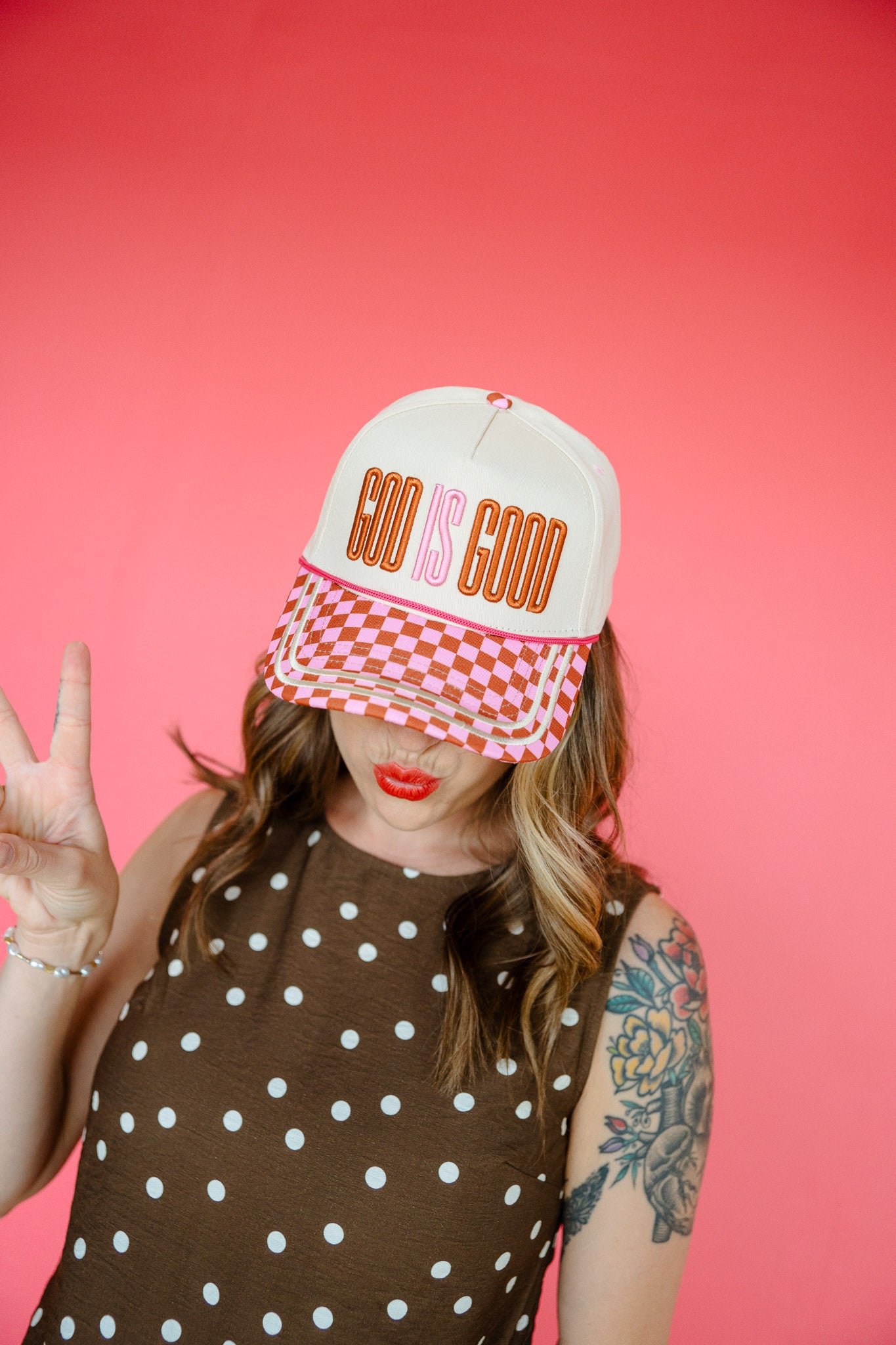 God Is Good Trucker Hat - Cream + Tan + Pink