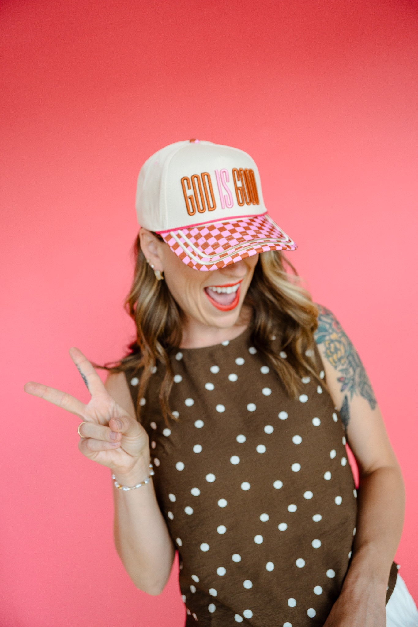 God Is Good Trucker Hat - Cream + Tan + Pink