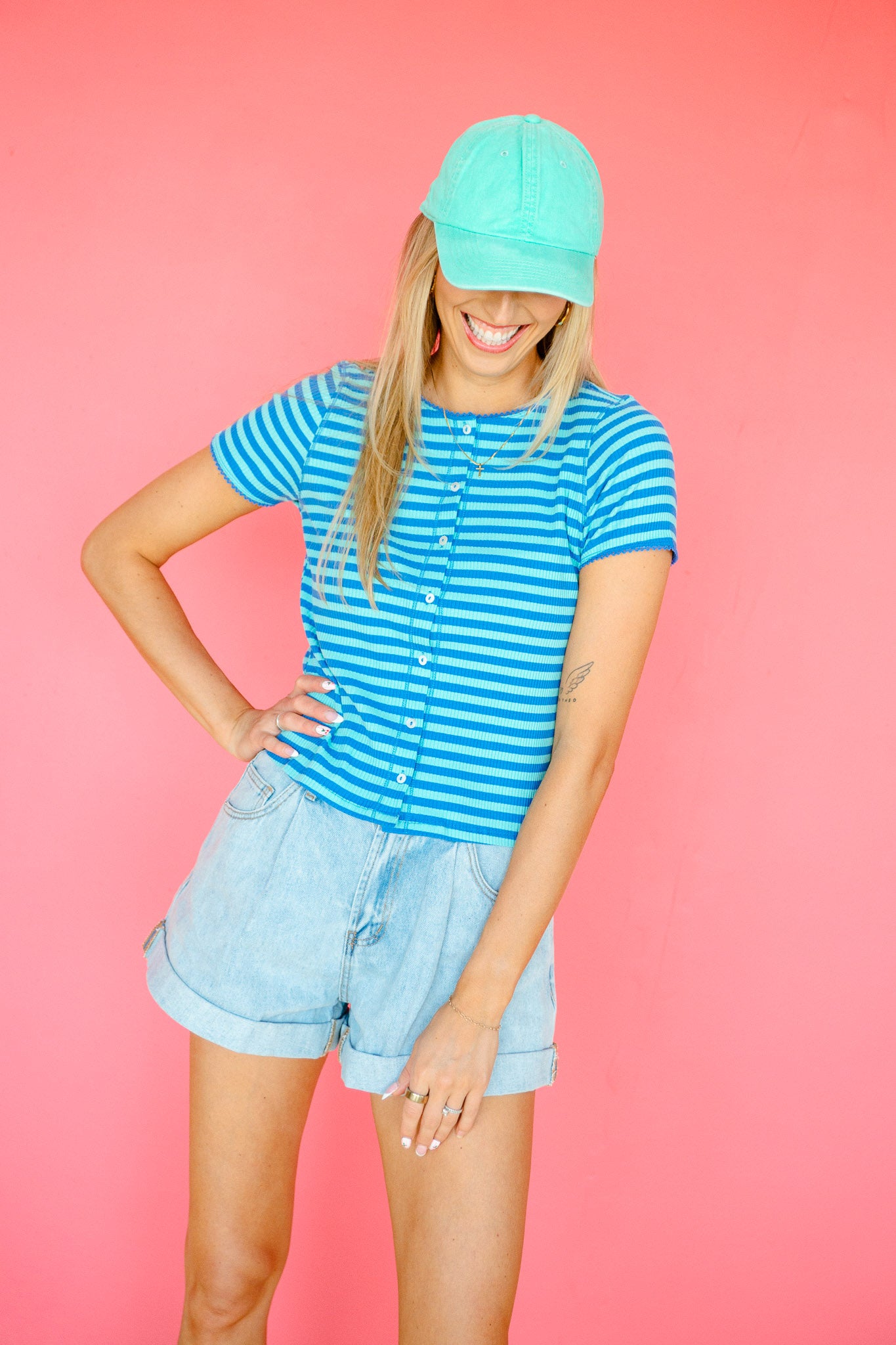 Catalina Button Down Ribbed Top - Bright Blue + Mint