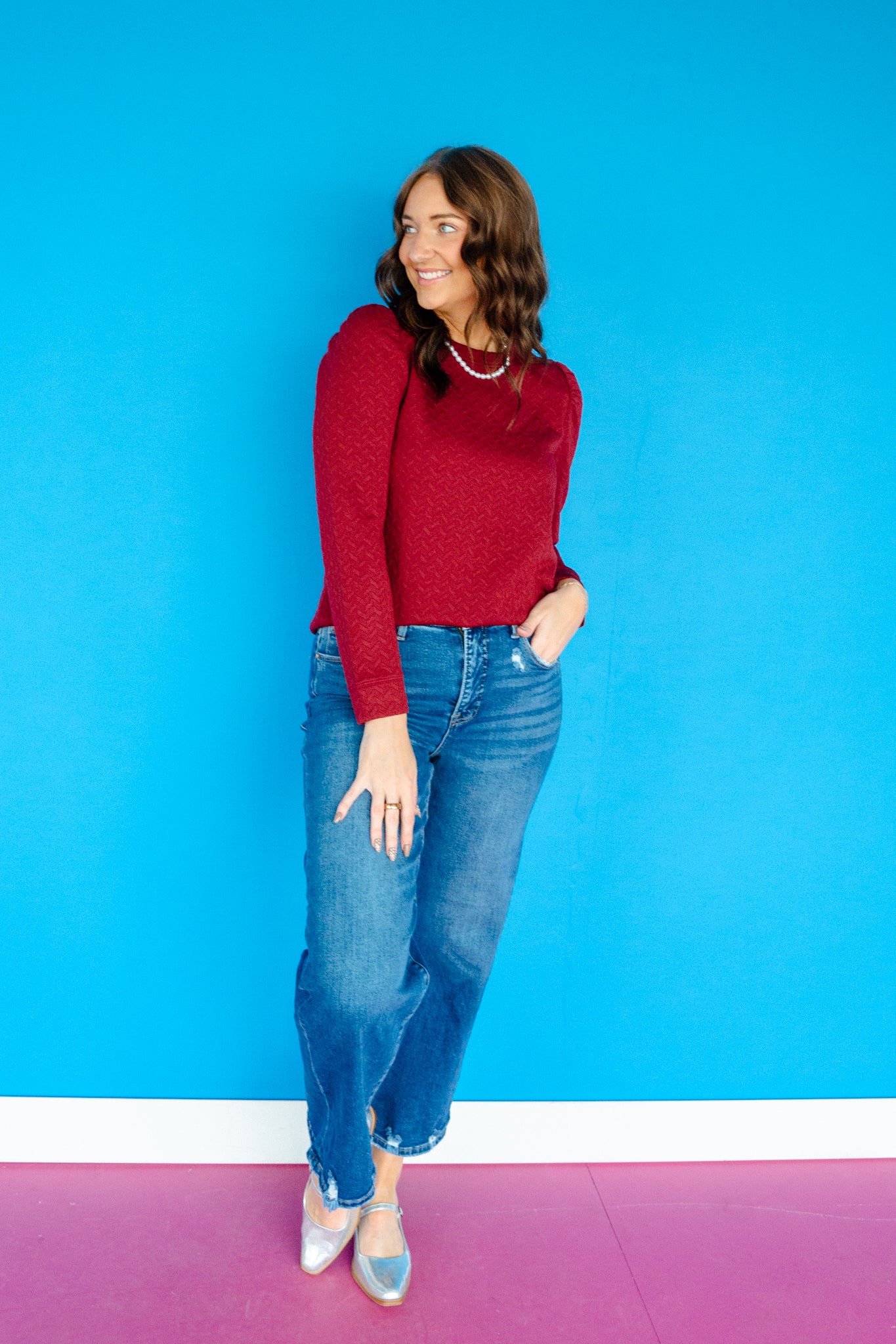 Nina Jacquard Knit Top - Maroon