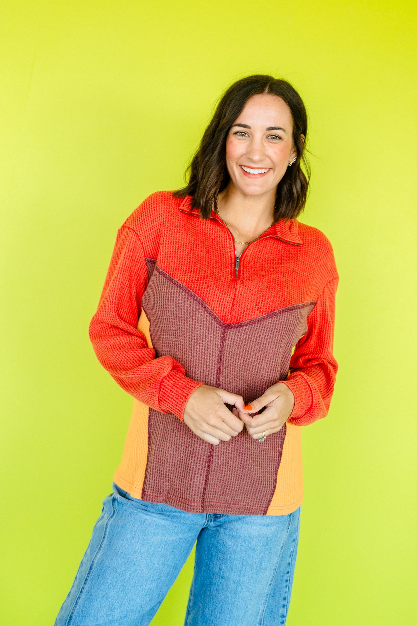 Logan Waffle Knit Pullover - Rust + Saffron