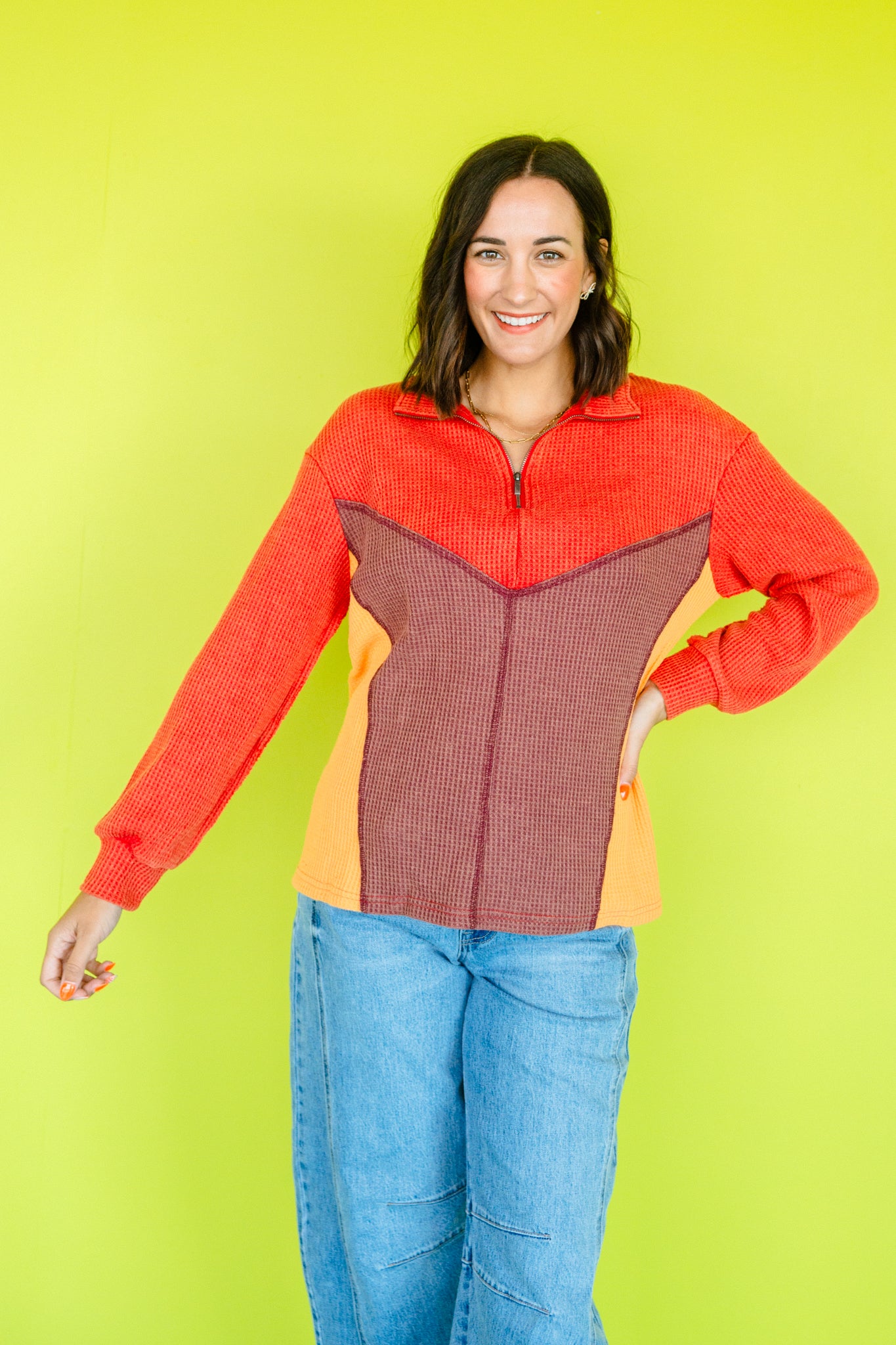 Logan Waffle Knit Pullover - Rust + Saffron