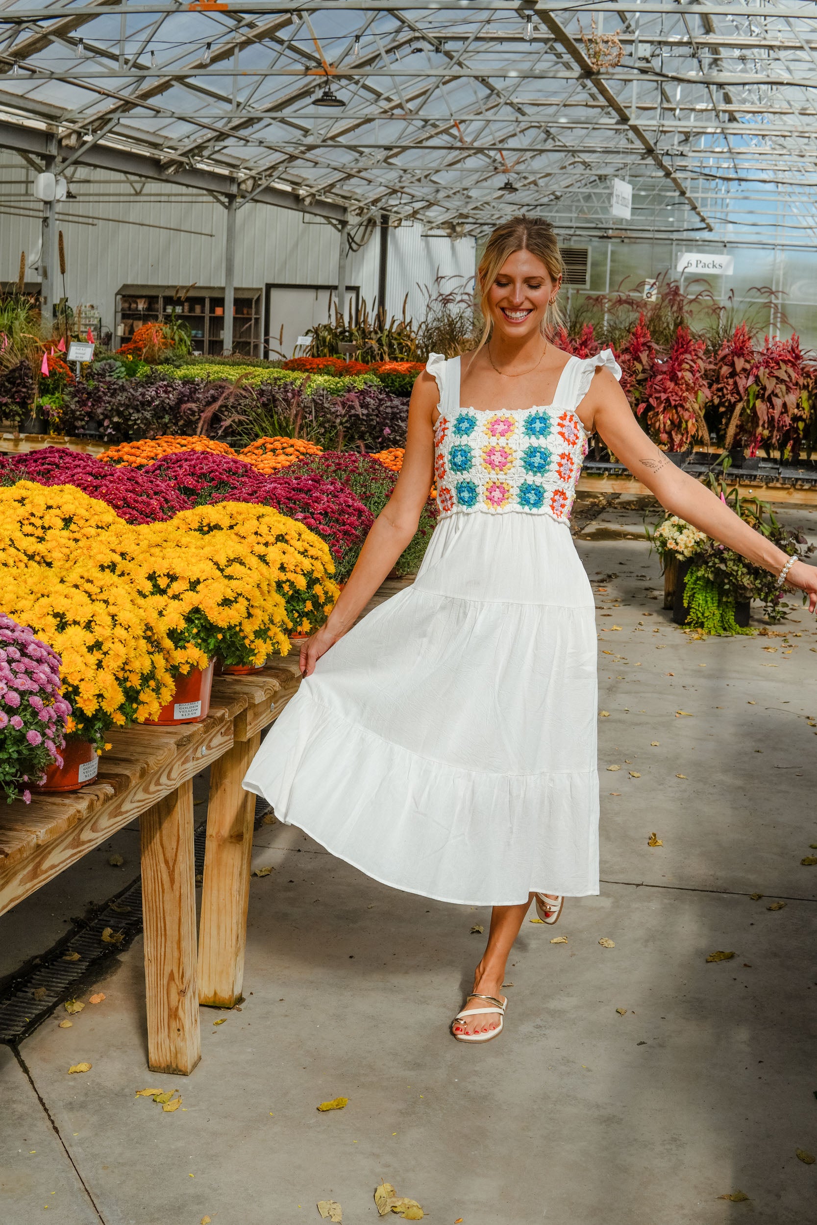 Sweet Summertime Crochet Detail Midi Dress -Soft White + Jade + Rose +. Bright Blue