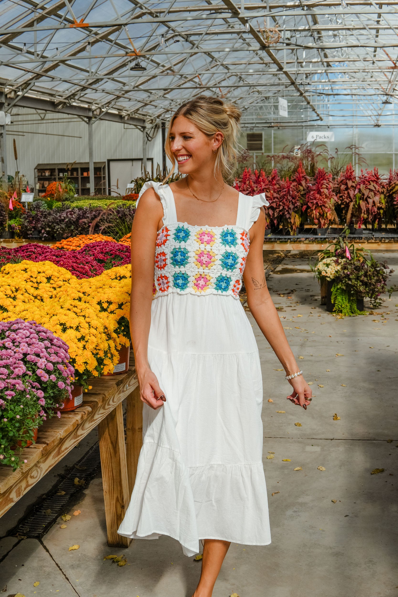 Sweet Summertime Crochet Detail Midi Dress -Soft White + Jade + Rose +. Bright Blue