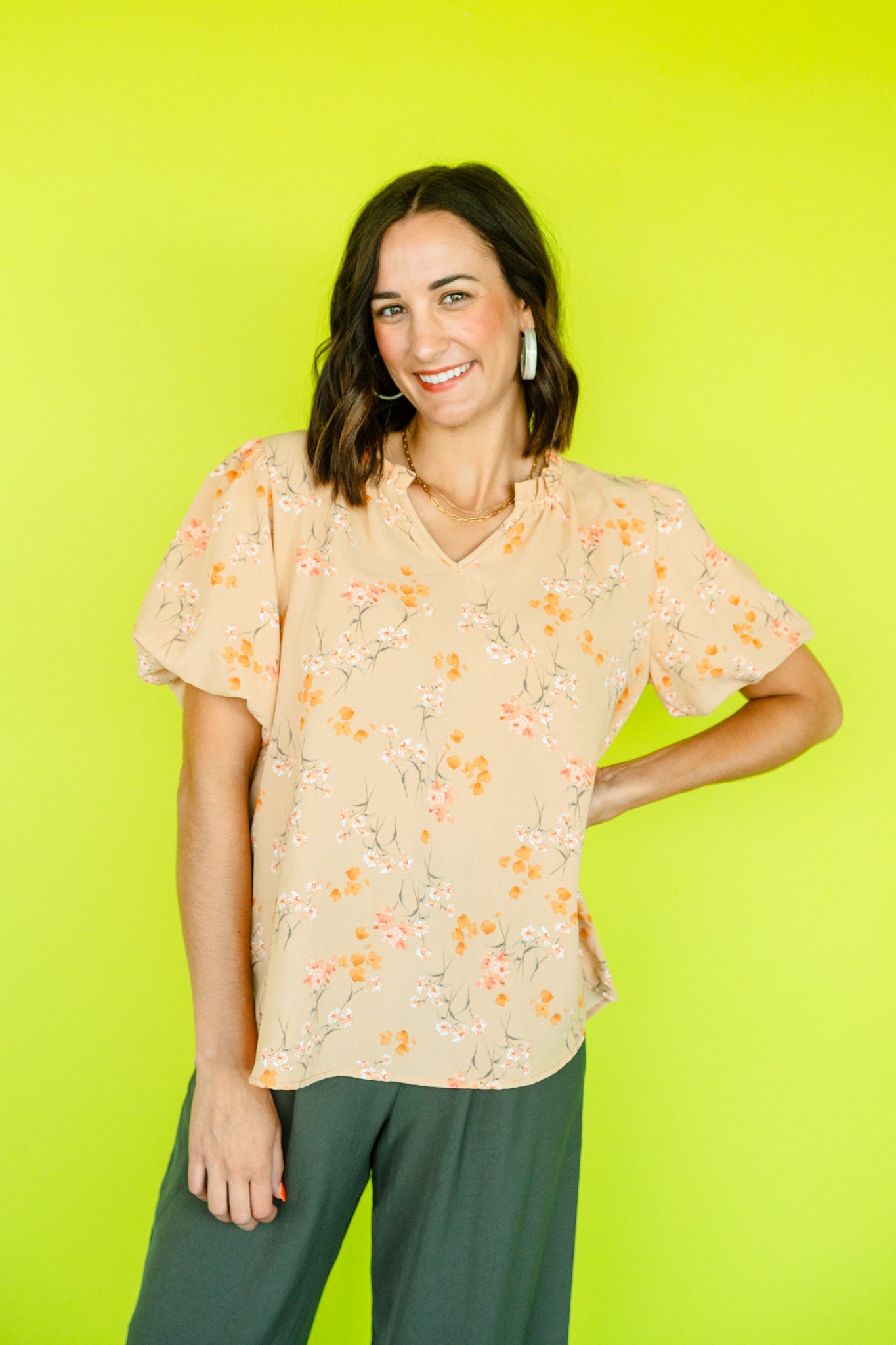 Goldie Floral Printed Top - Soft Peach + Amber