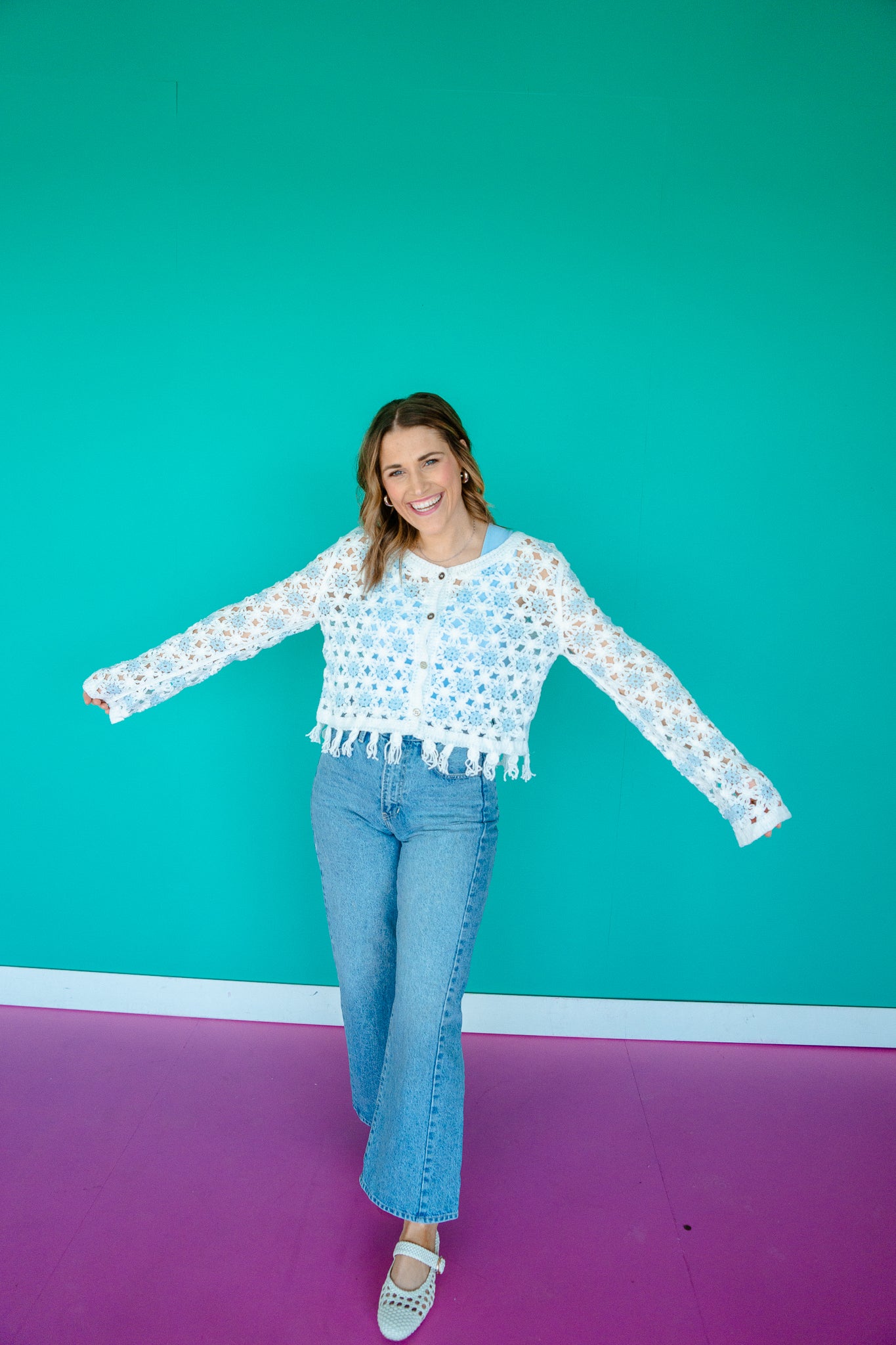 Barbara Crochet Knit Cardigan - Sky Blue + Soft White