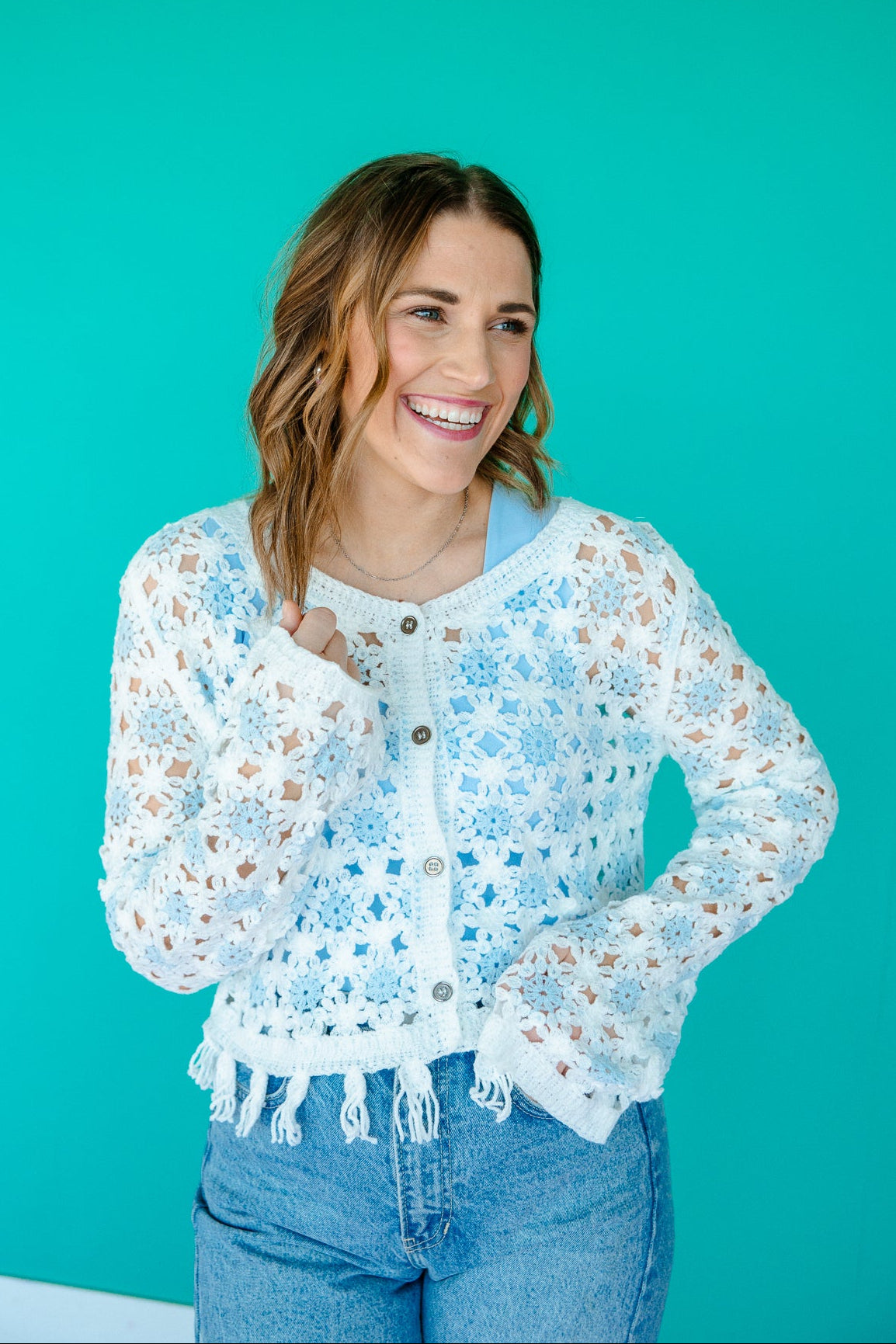 Barbara Crochet Knit Cardigan - Sky Blue + Soft White