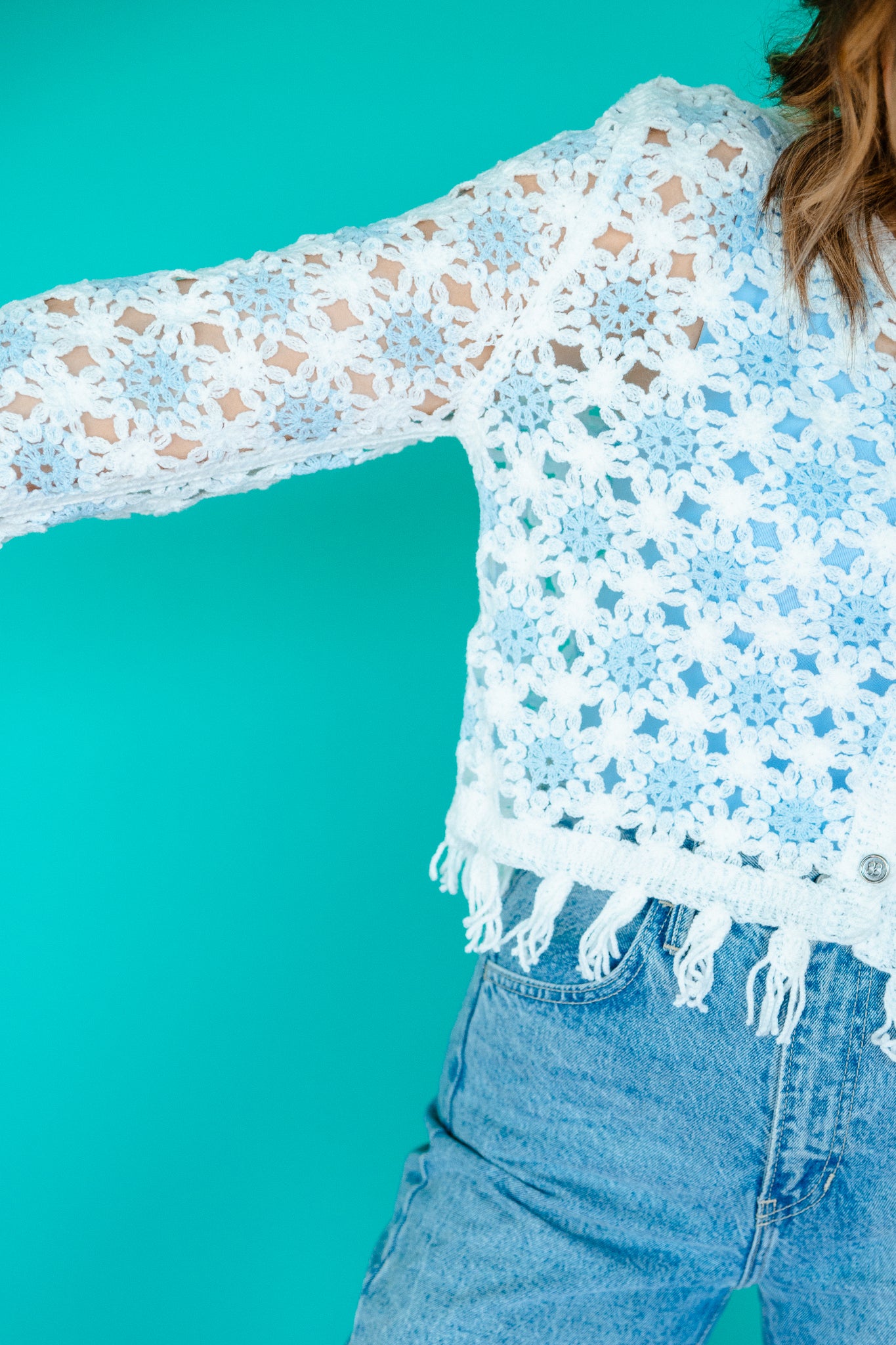 Barbara Crochet Knit Cardigan - Sky Blue + Soft White