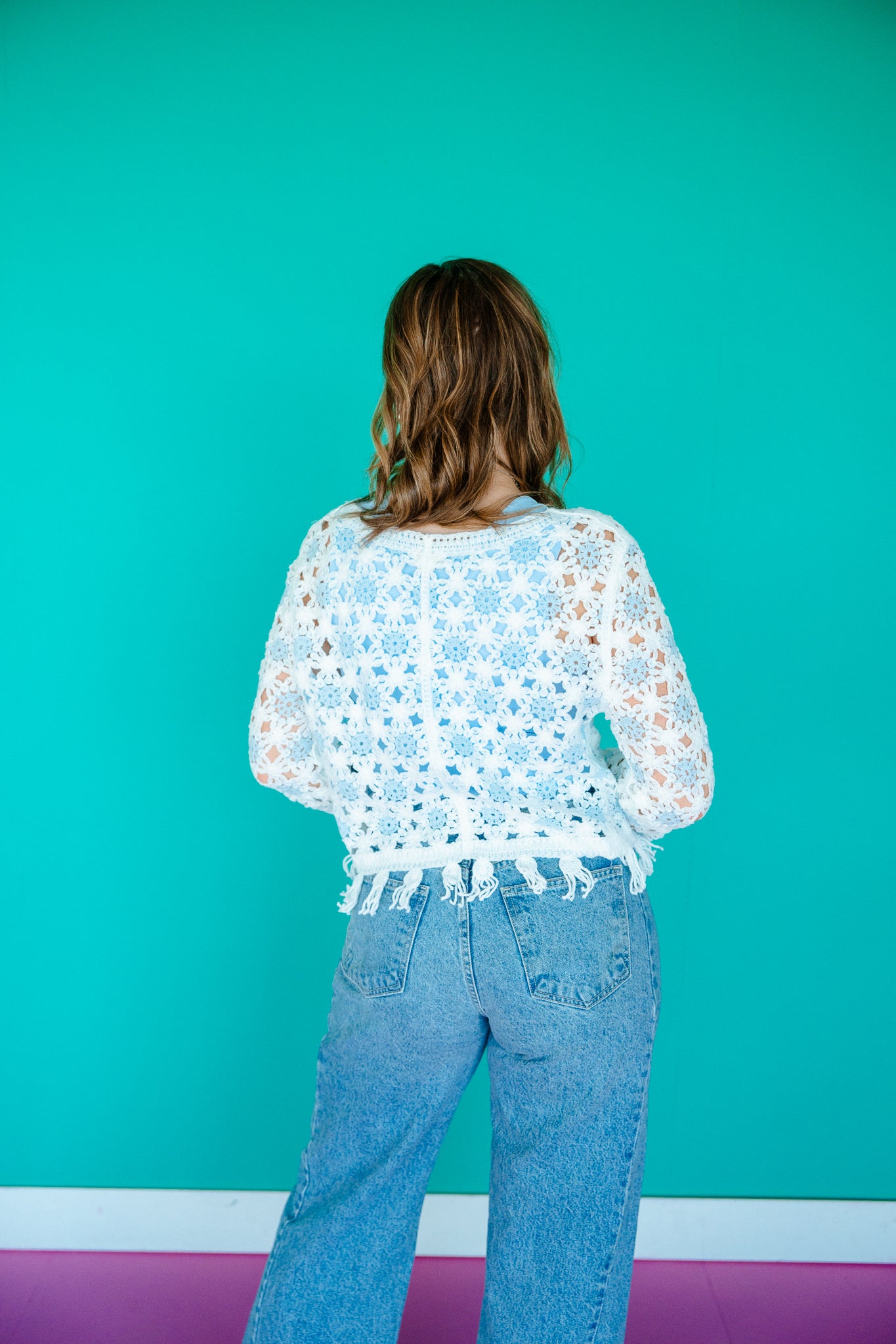 Barbara Crochet Knit Cardigan - Sky Blue + Soft White