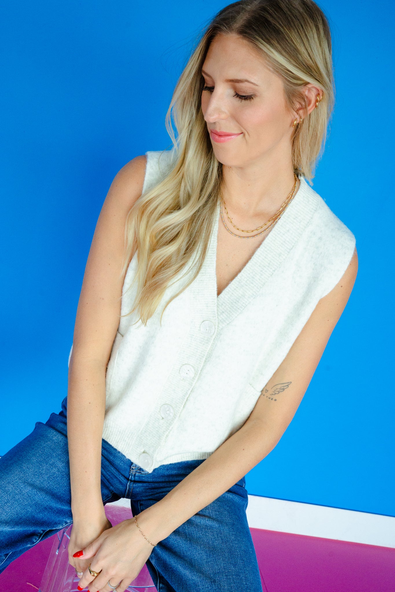 Maggie Button Up Sweater Vest - Cream + Dove Grey