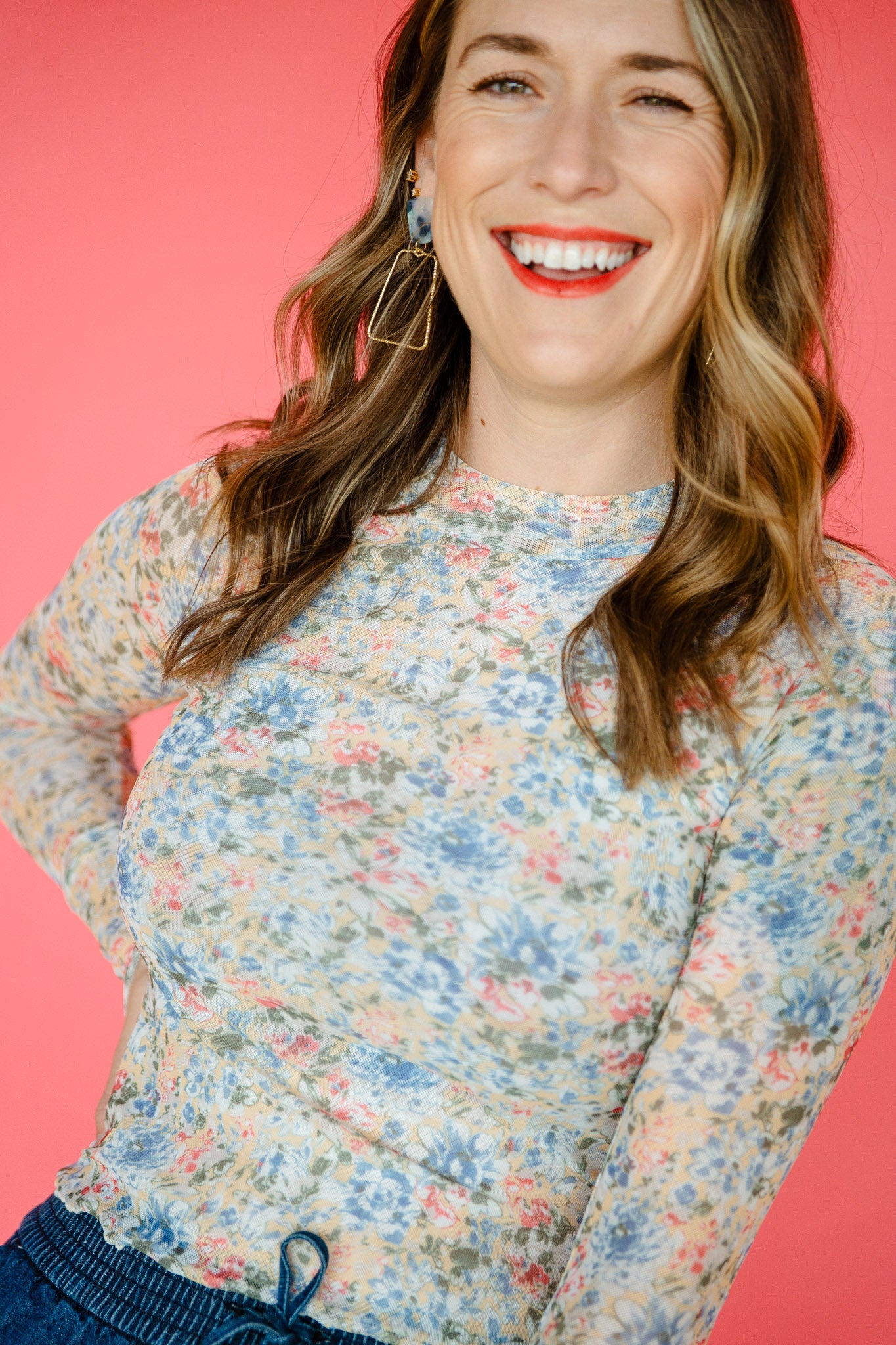 Ira Mesh Long Sleeve Top - Butter + Light Olive + Blue + Coral