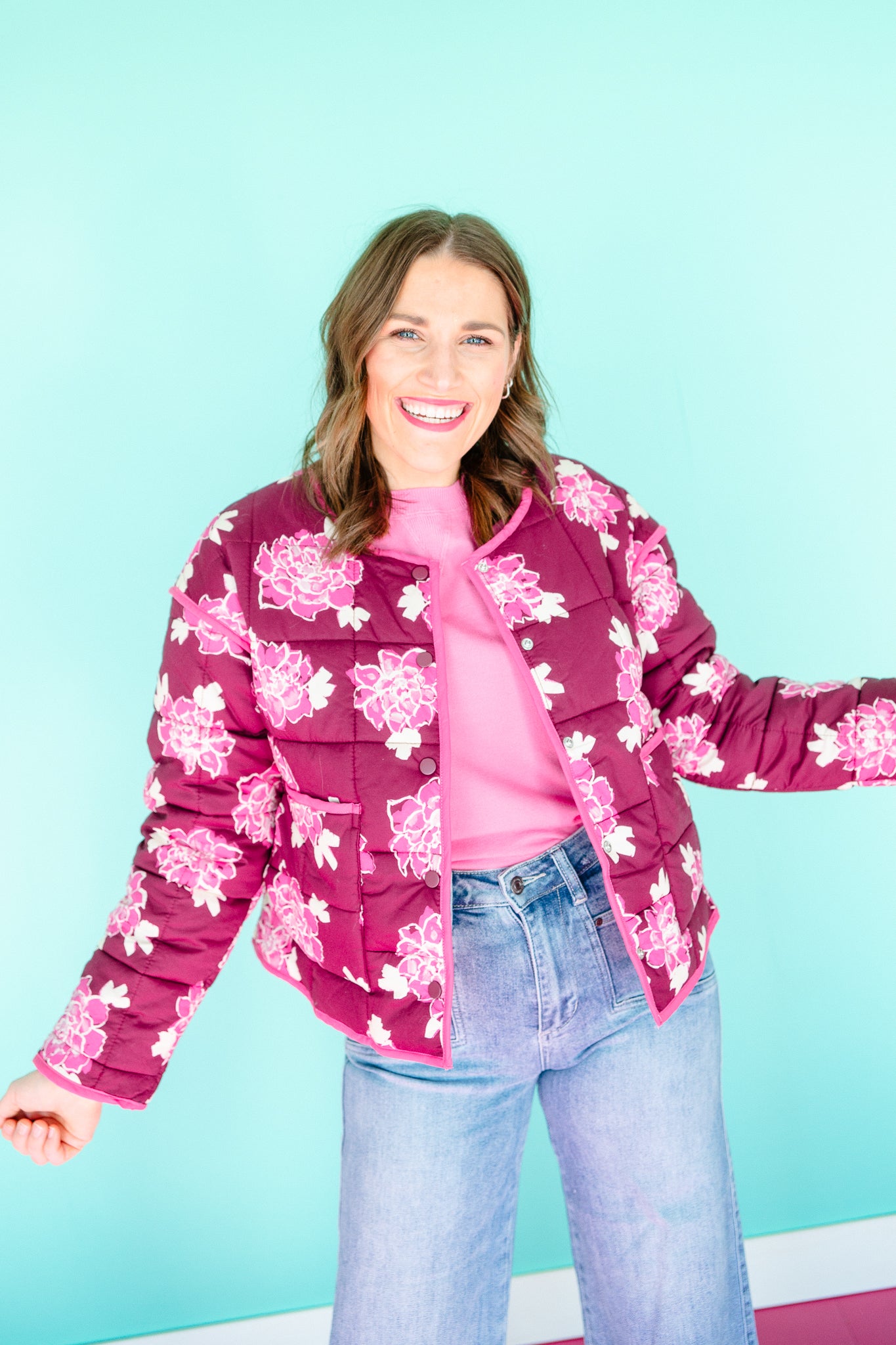Mia Floral Quilted Jacket - Berry + Raspberry