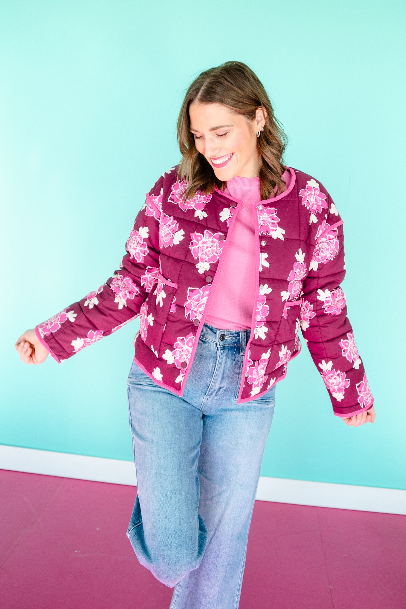 Mia Floral Quilted Jacket - Berry + Raspberry