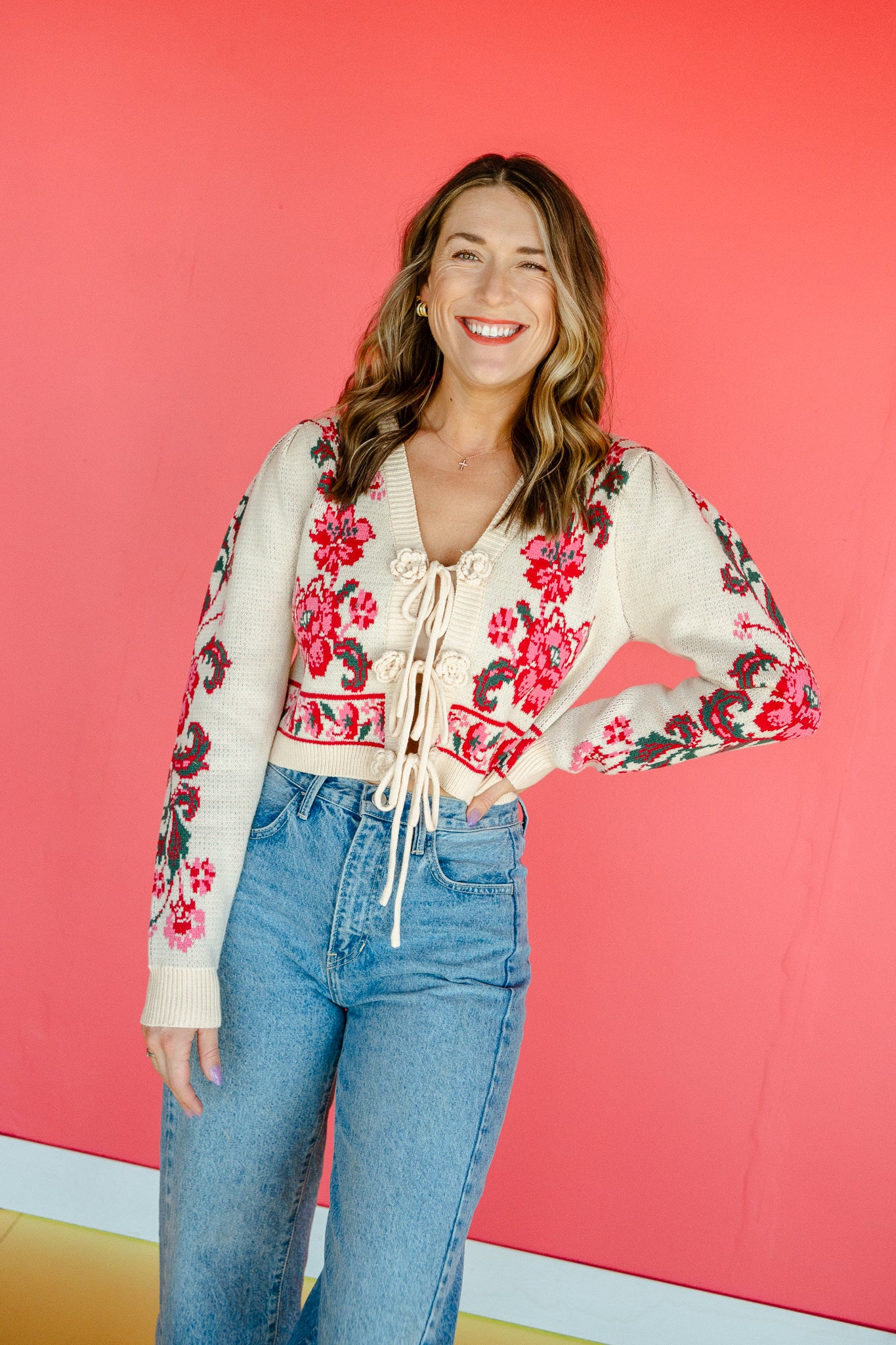 Ava Floral Tie-Front Cardigan - Cream + Forest + Pink