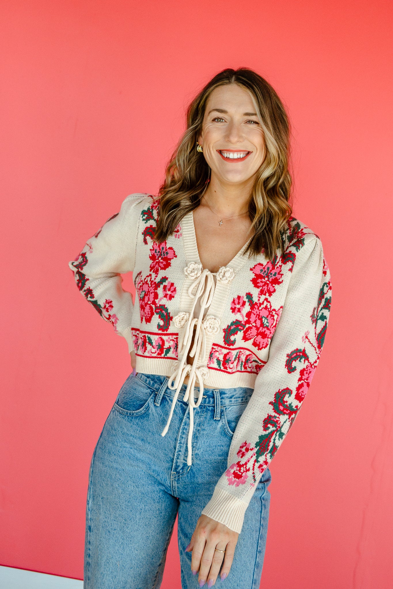Ava Floral Tie-Front Cardigan - Cream + Forest + Pink