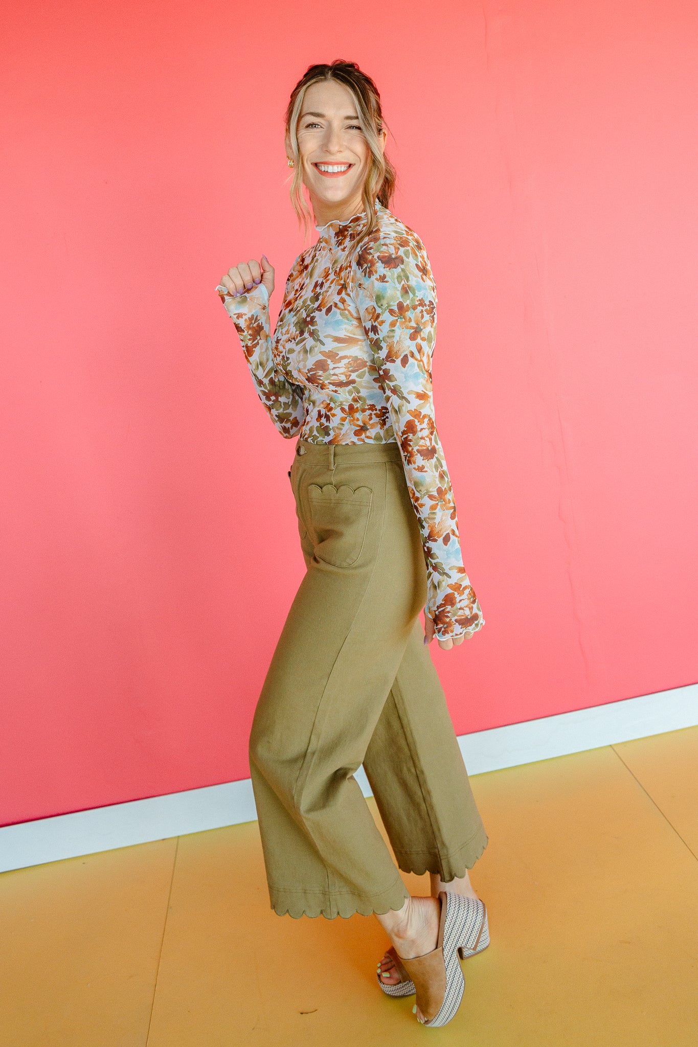 Cassandra Floral Mesh Top - Brown + Moss + Cream