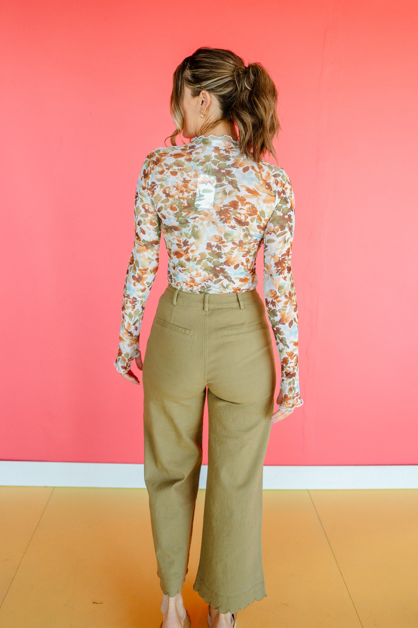 Cassandra Floral Mesh Top - Brown + Moss + Cream
