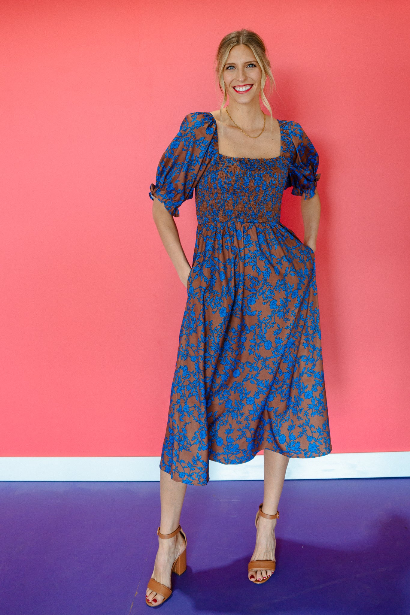 Lottie Balloon Sleeve Midi Dress - Chocolate + Bright Blue