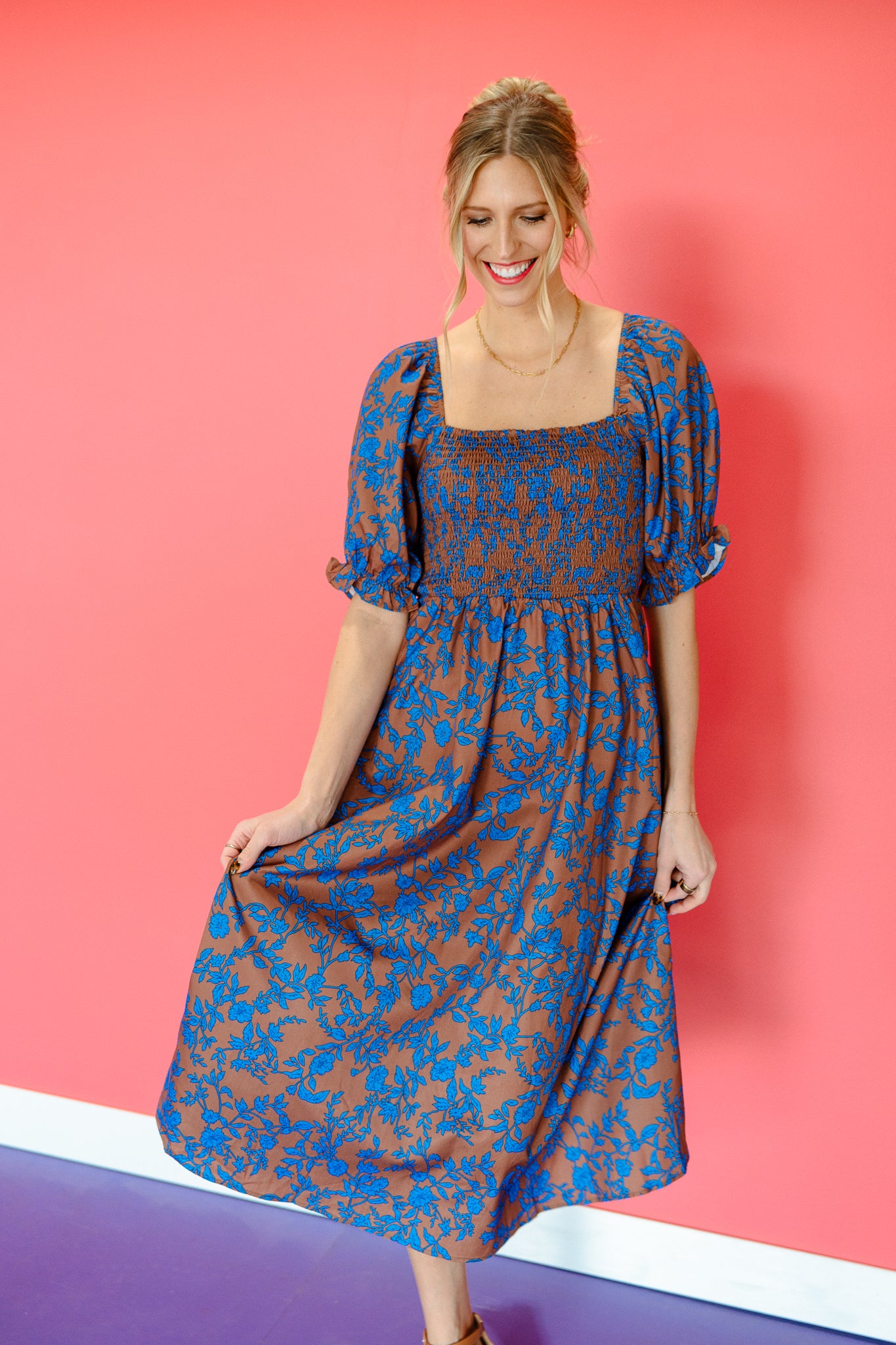 Lottie Balloon Sleeve Midi Dress - Chocolate + Bright Blue