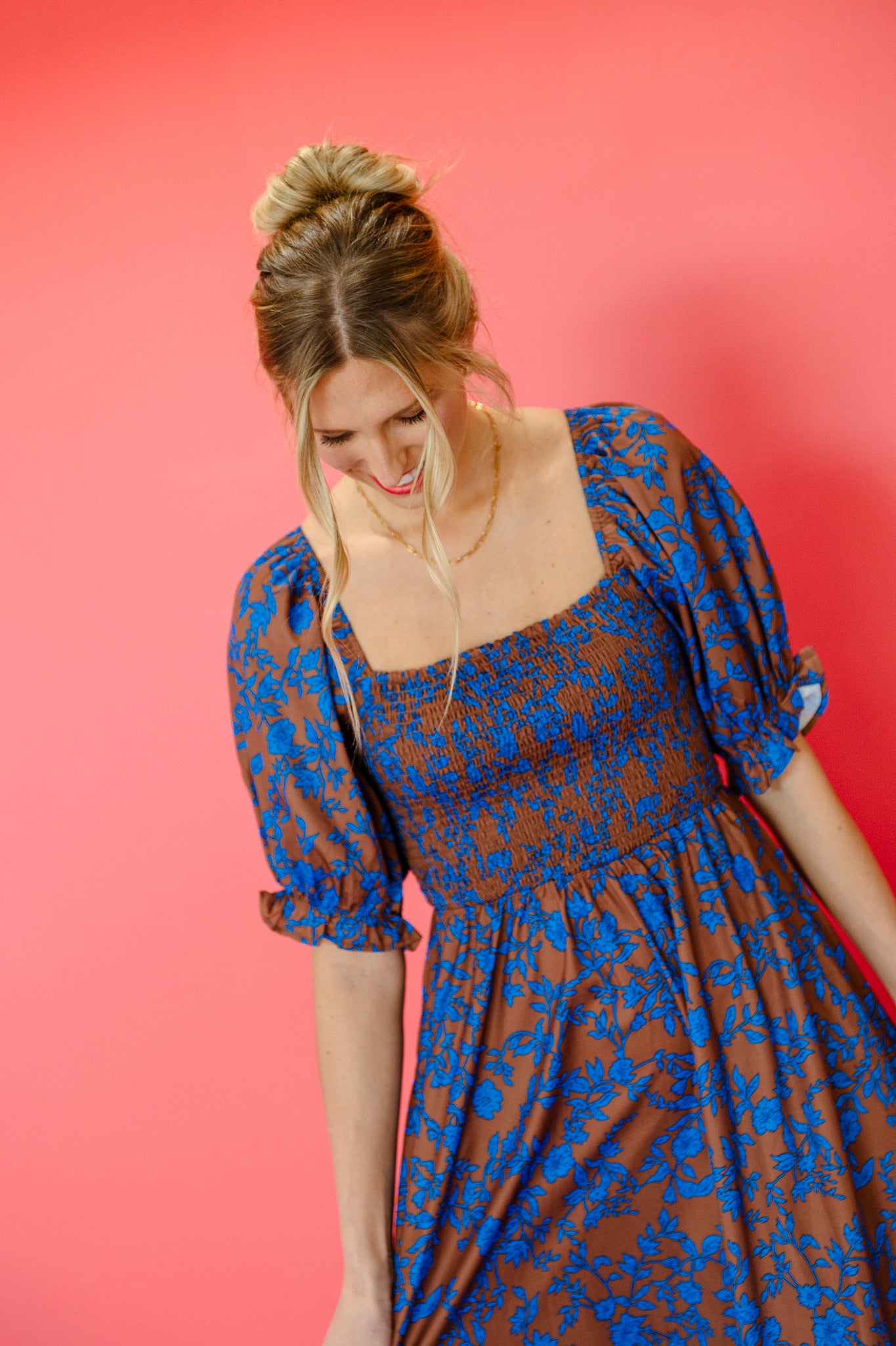 Lottie Balloon Sleeve Midi Dress - Chocolate + Bright Blue
