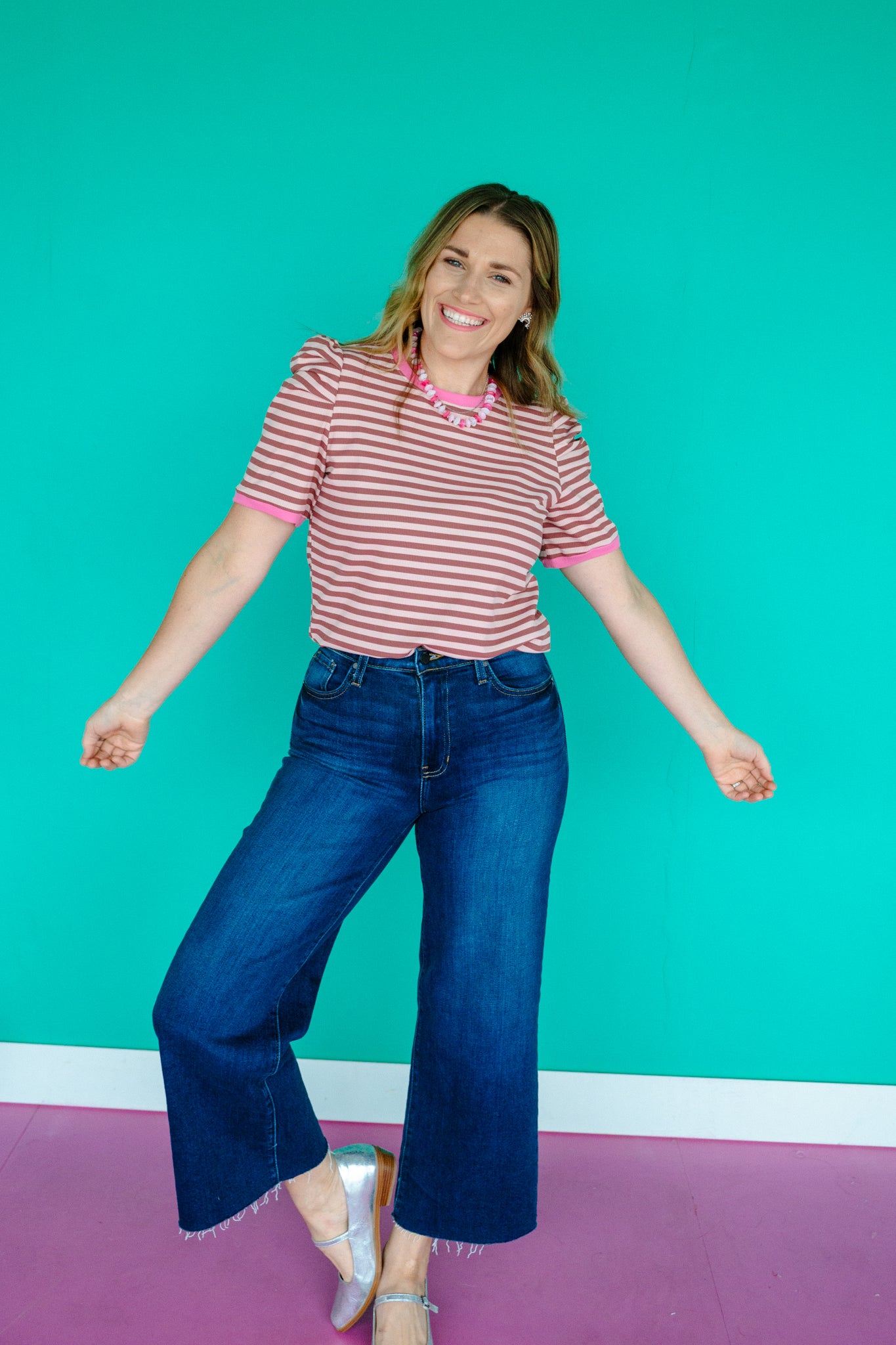 Kelcie Striped Puff Sleeve Top - Dusty Pink + Rose Madder