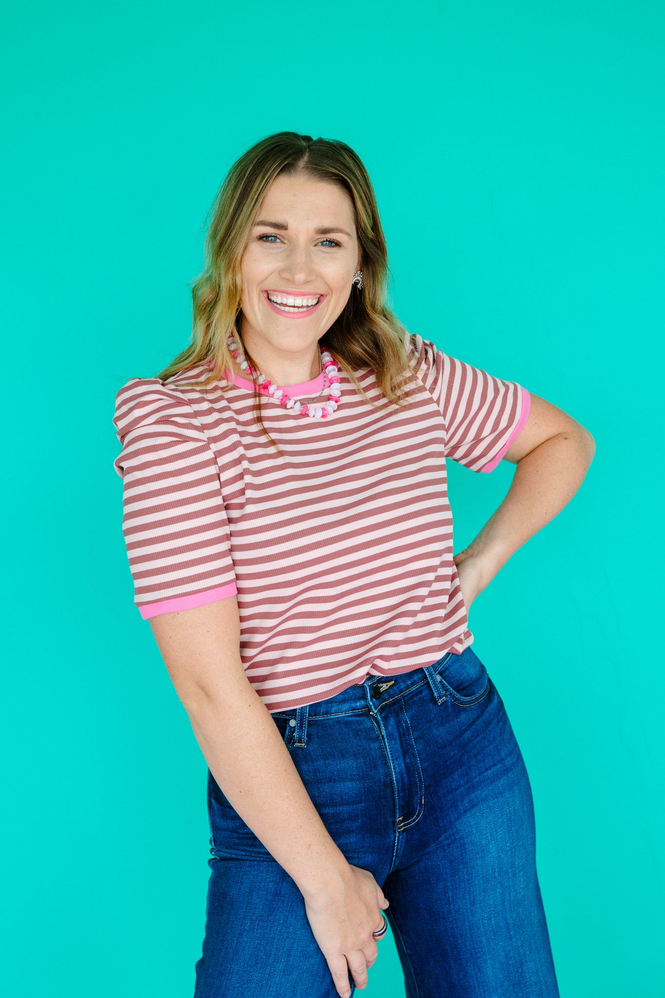 Kelcie Striped Puff Sleeve Top - Dusty Pink + Rose Madder