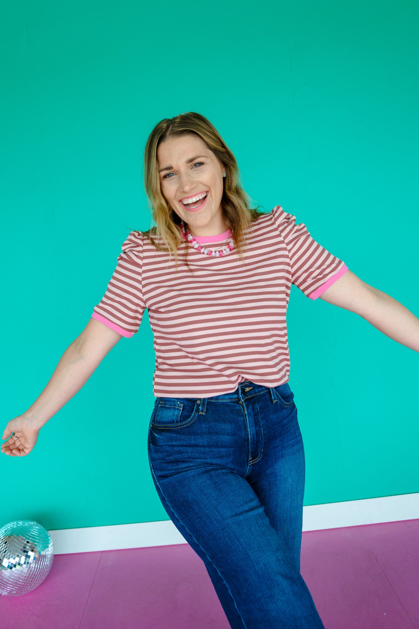 Kelcie Striped Puff Sleeve Top - Dusty Pink + Rose Madder