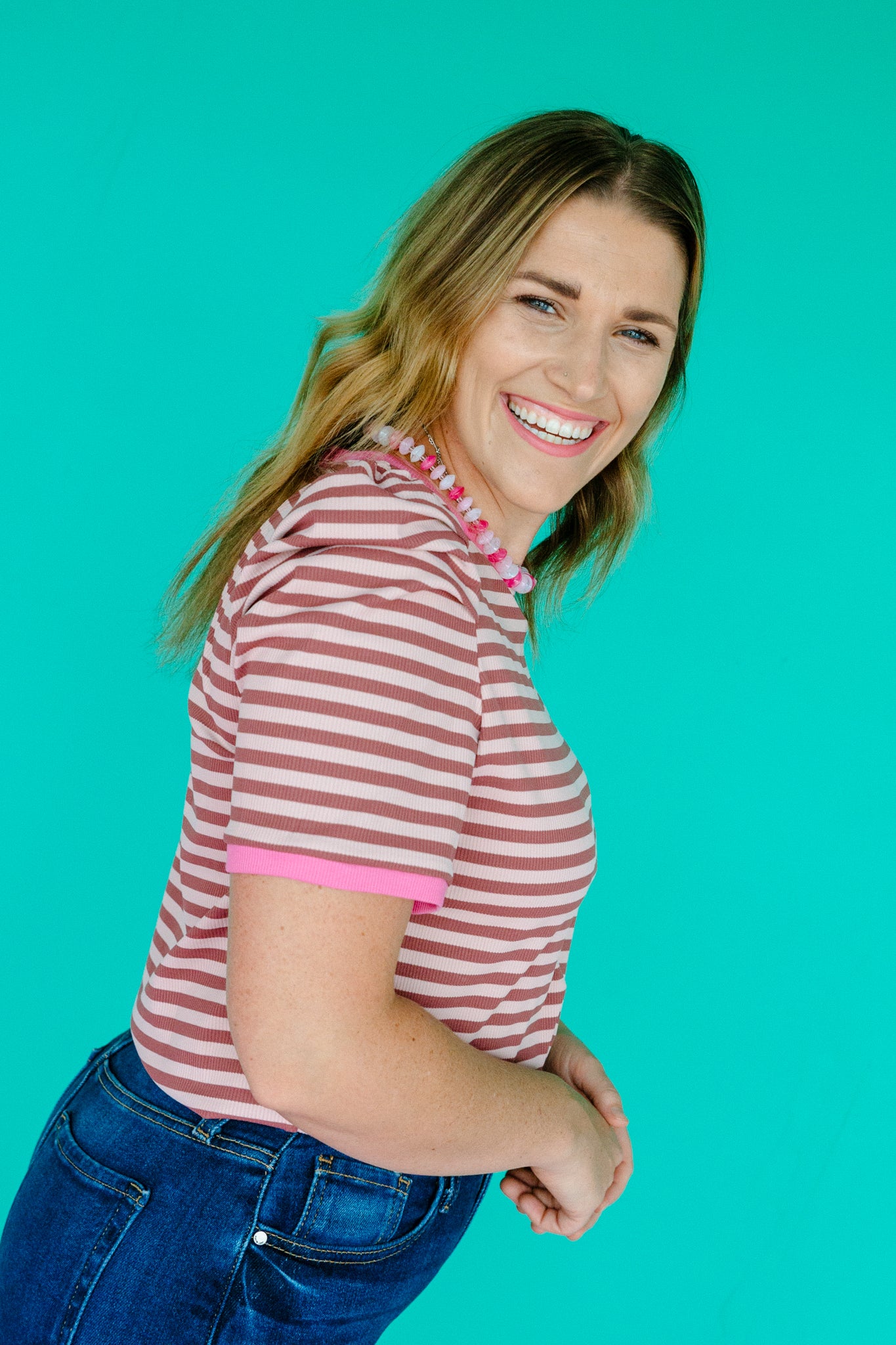 Kelcie Striped Puff Sleeve Top - Dusty Pink + Rose Madder