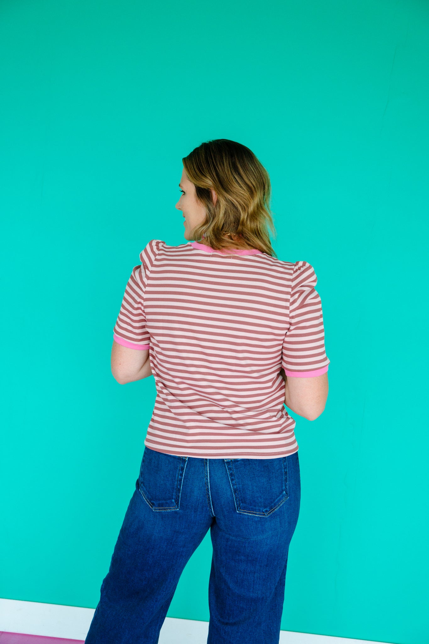 Kelcie Striped Puff Sleeve Top - Dusty Pink + Rose Madder