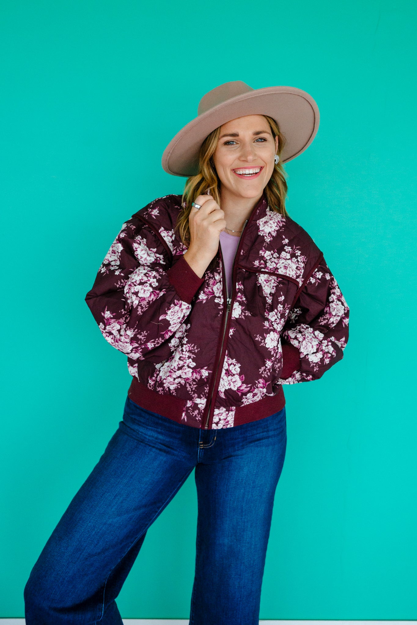Courtney Floral Bomber Jacket - Plum + Cyclamen