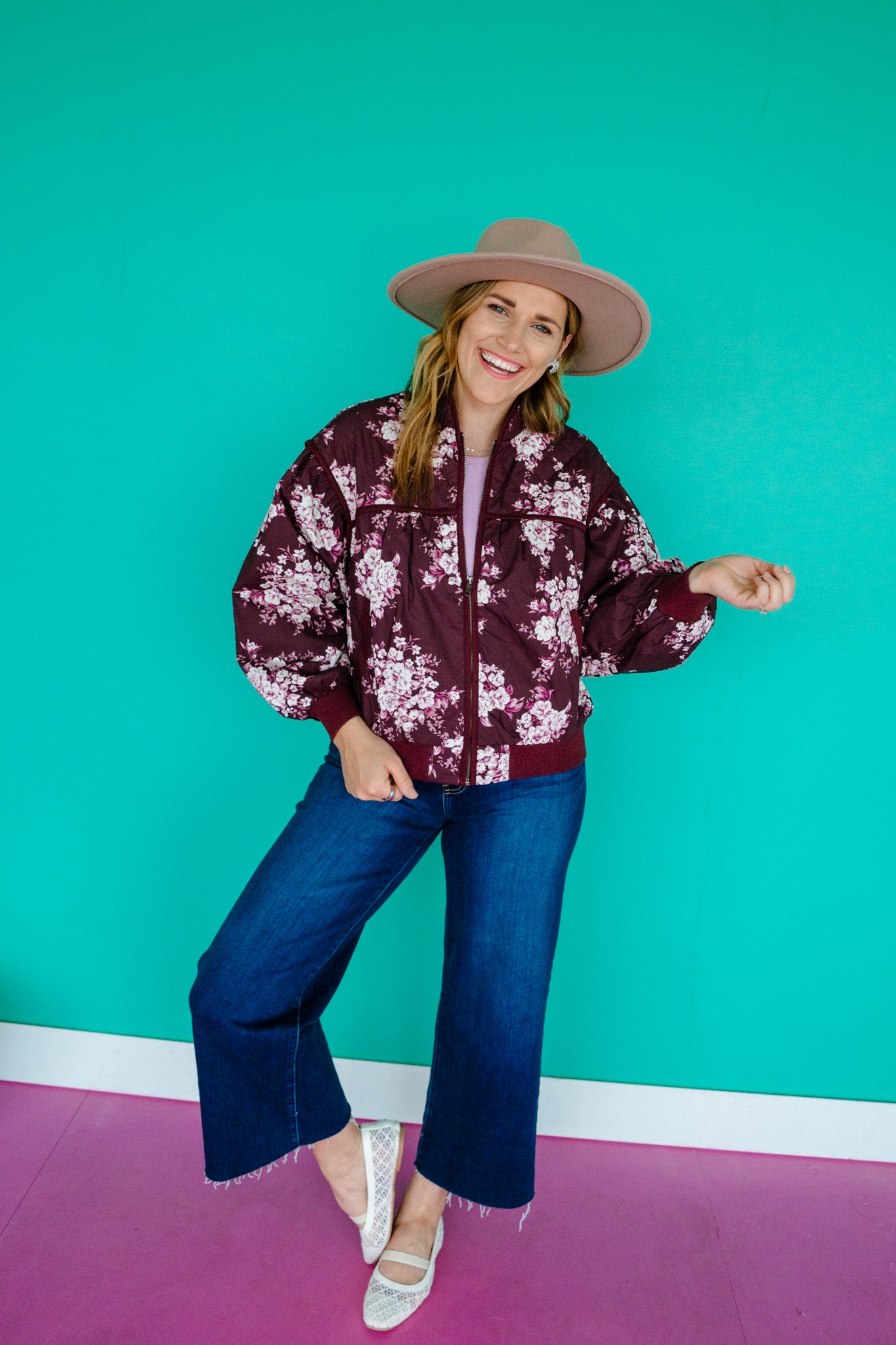 Courtney Floral Bomber Jacket - Plum + Cyclamen