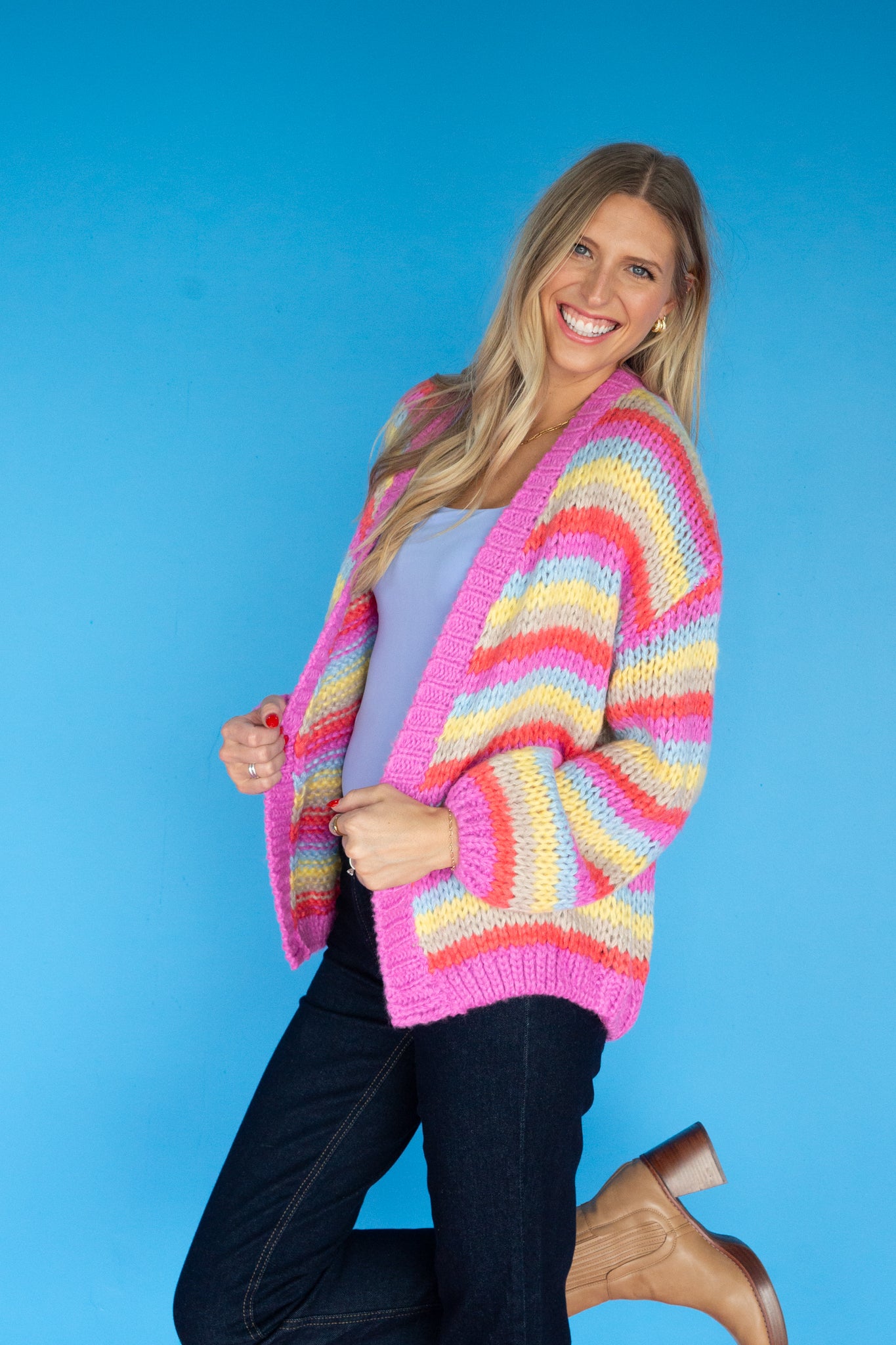 Patsy Knit Cardigan - Coral Red + Duck Egg + Orchid