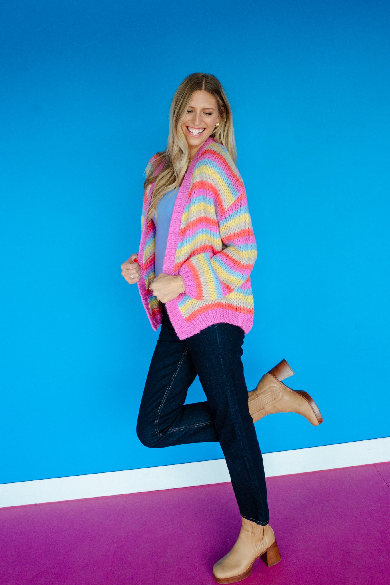 Patsy Knit Cardigan - Coral Red + Duck Egg + Orchid