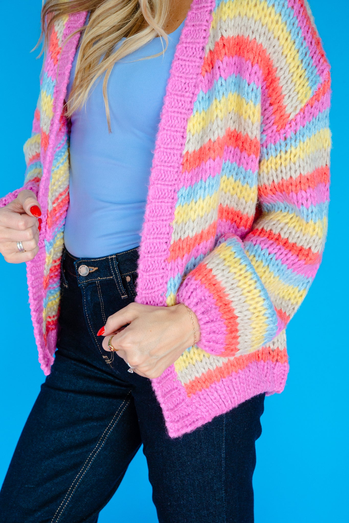 Patsy Knit Cardigan - Coral Red + Duck Egg + Orchid