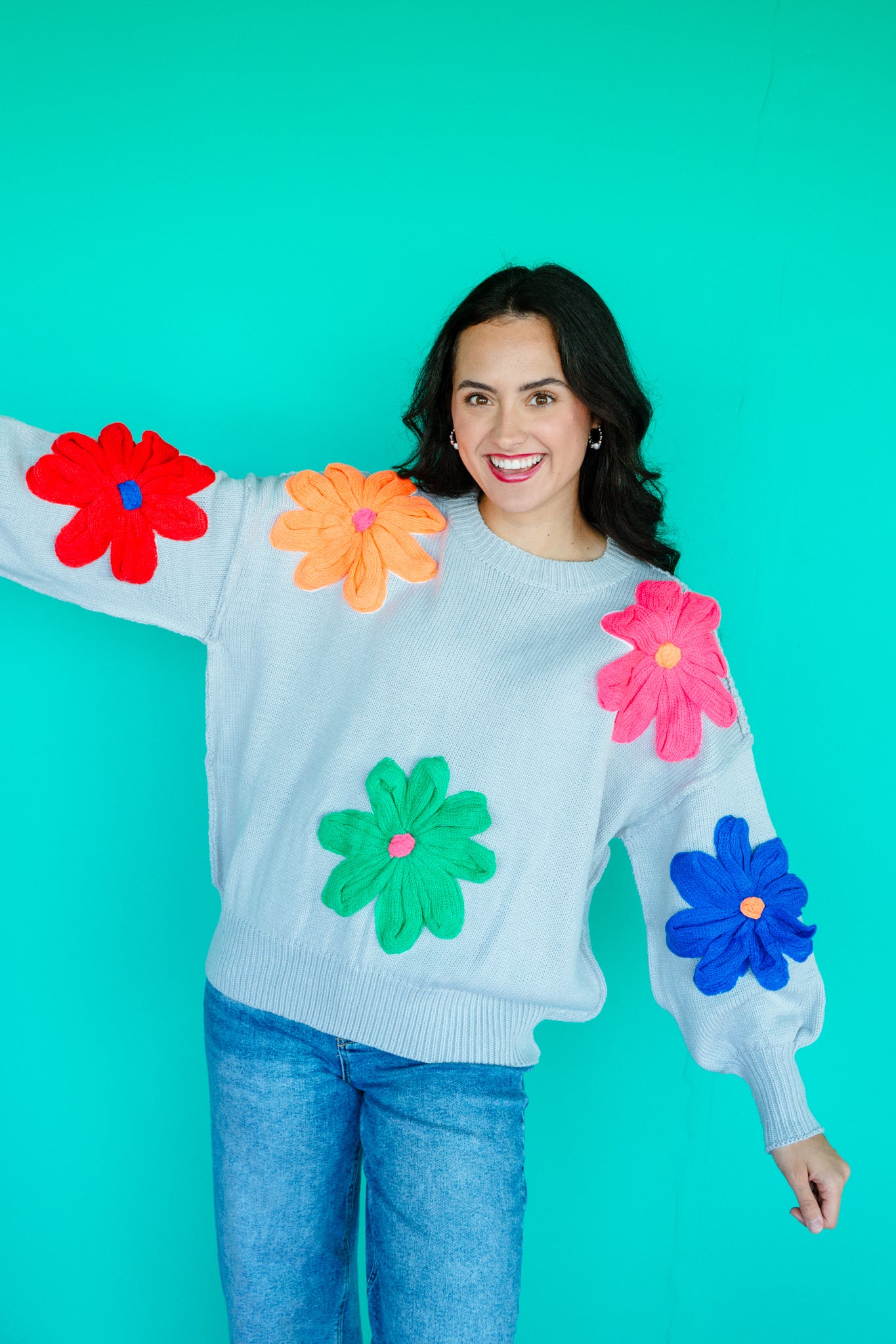 Candice Floral Sweater - Light Dove Grey