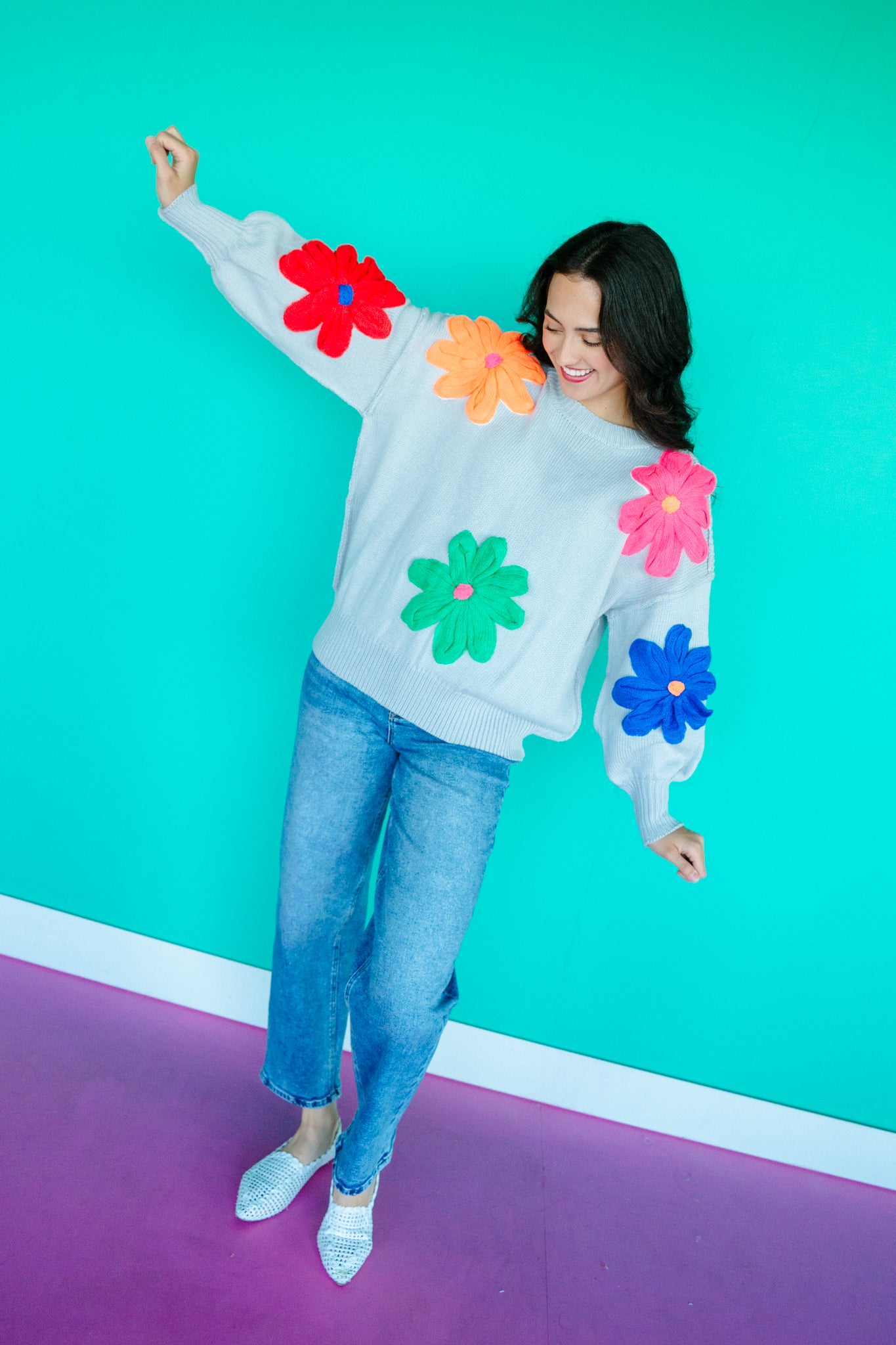 Candice Floral Sweater - Light Dove Grey