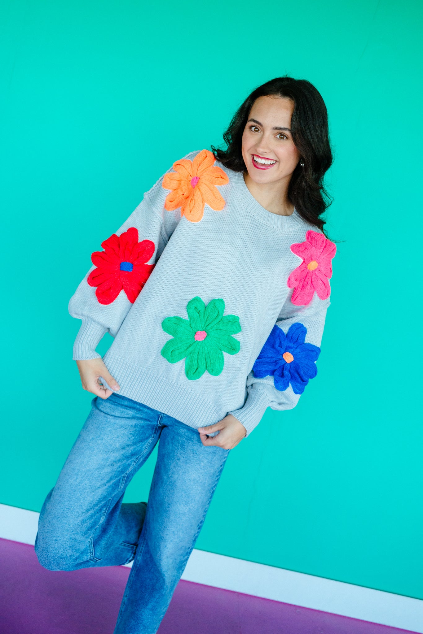 Candice Floral Sweater - Light Dove Grey