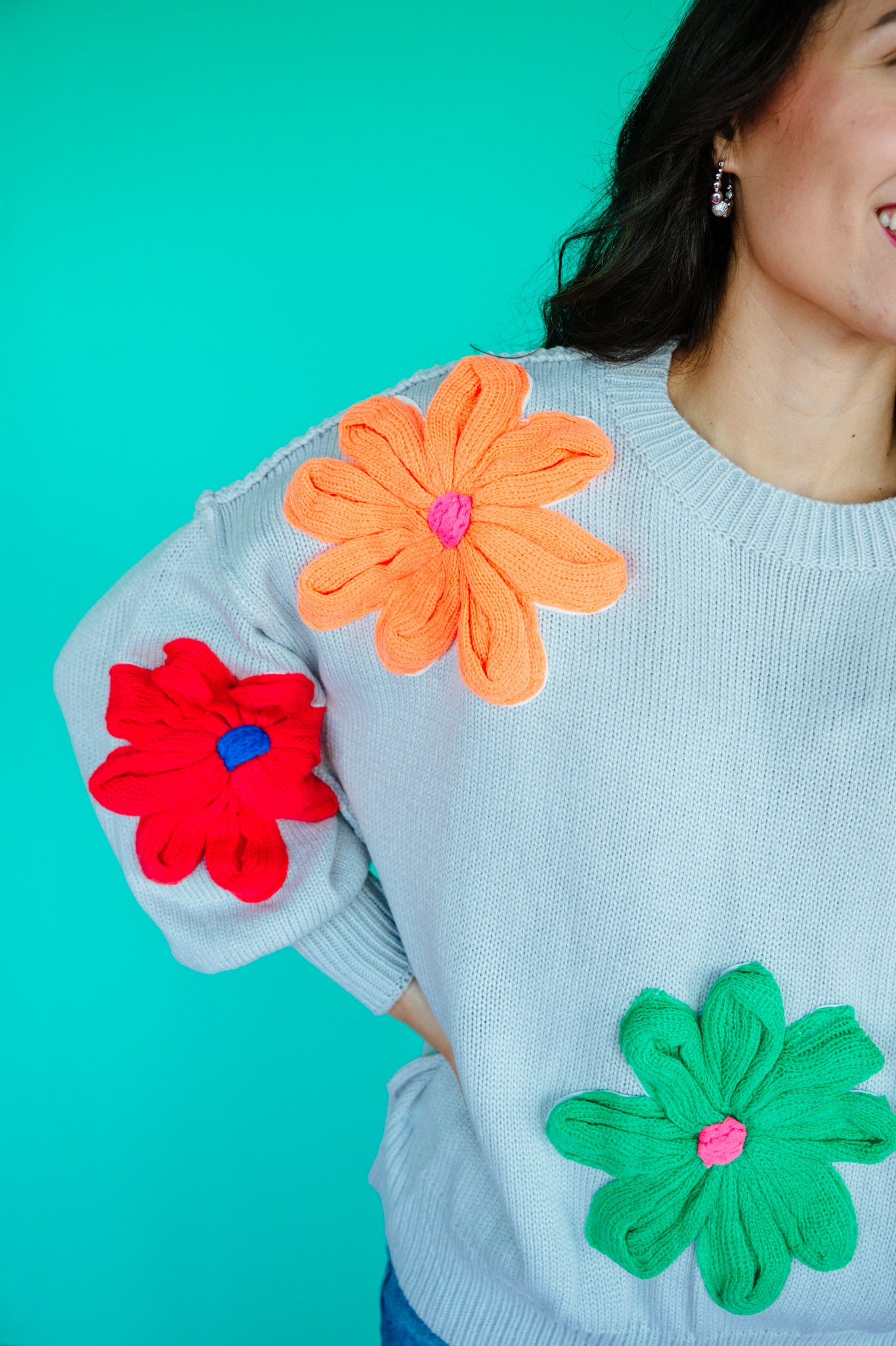 Candice Floral Sweater - Light Dove Grey