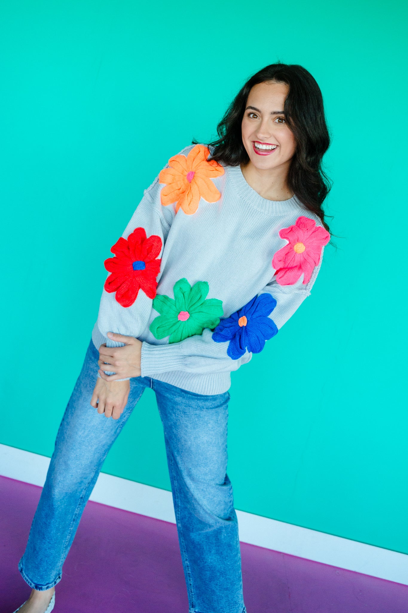 Candice Floral Sweater - Light Dove Grey