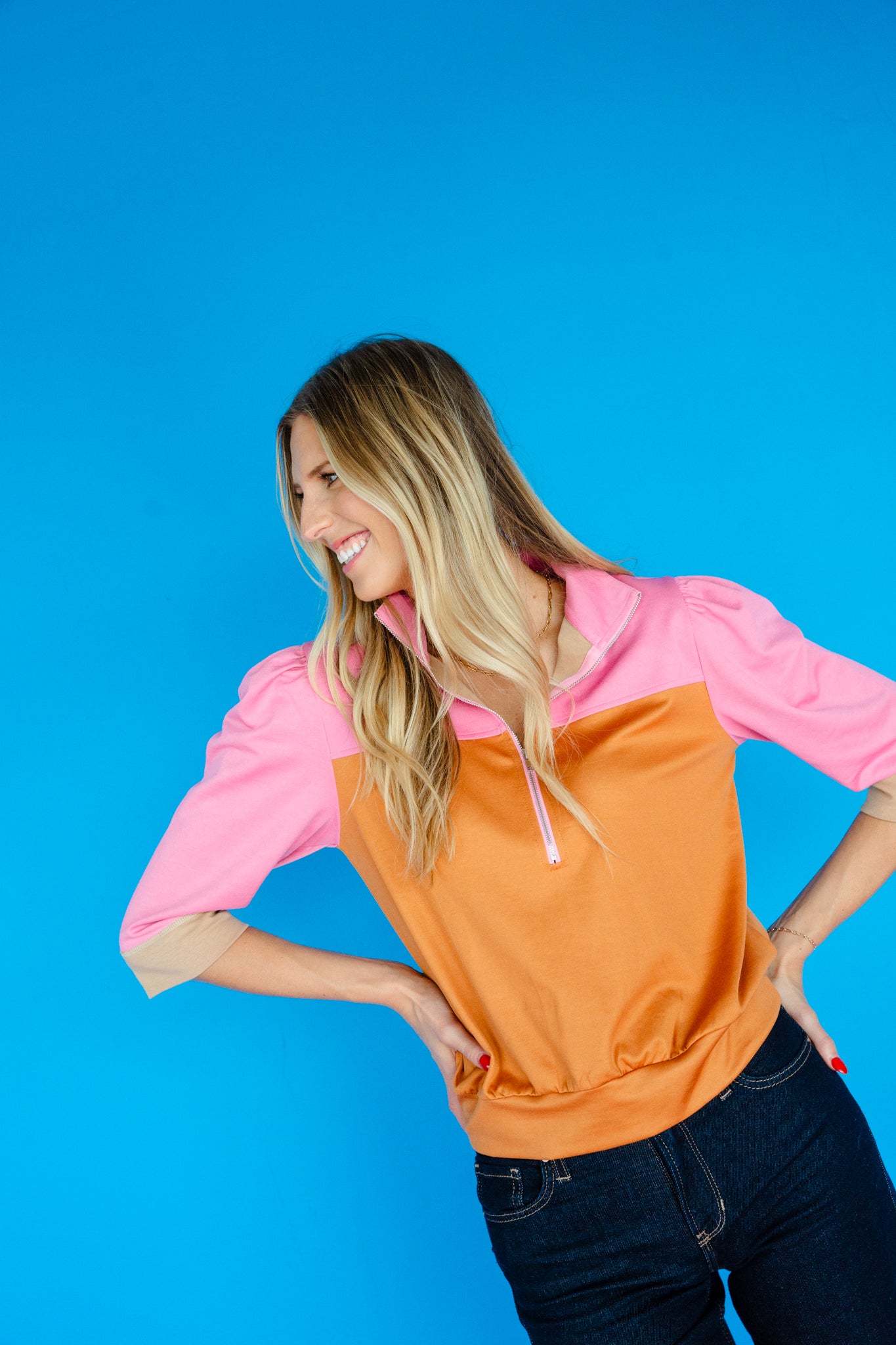 Natasha Colorblock Pullover - Cinnamon + Shocking Pink