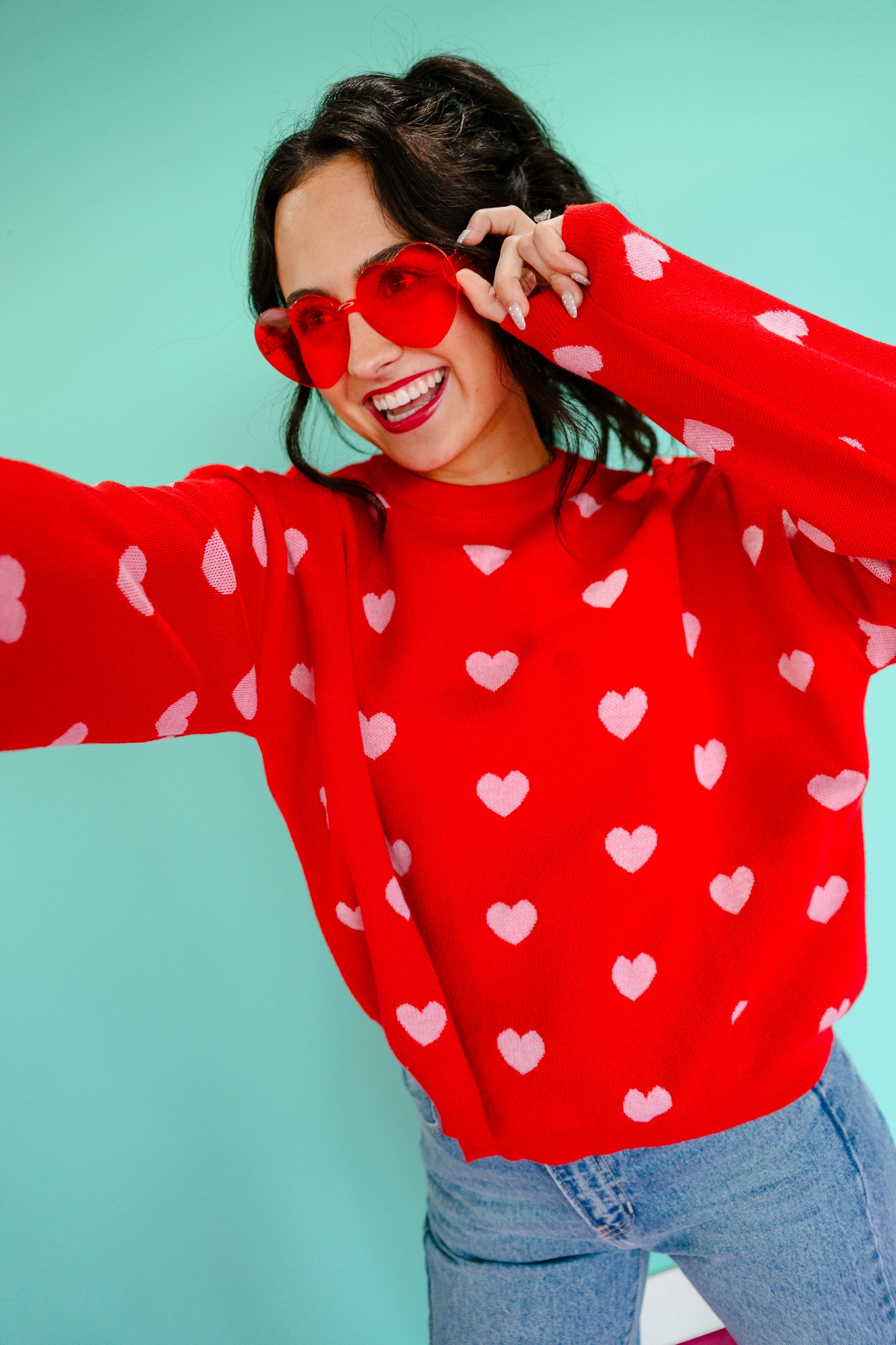 Victoria Heart Sweater - Cool Red + Pink