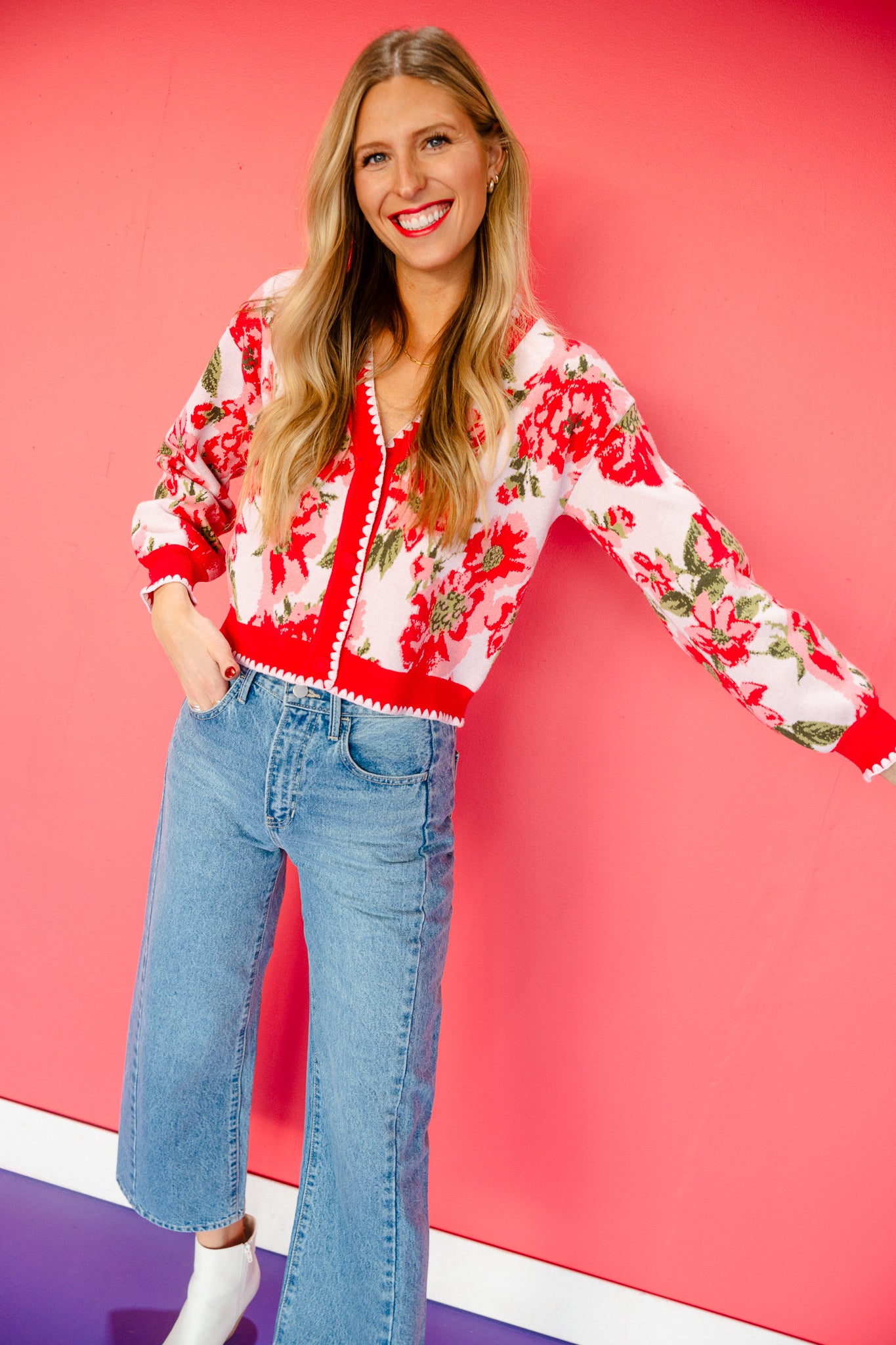 Kristina Floral Cardigan - Coral Red + Pink + Olive