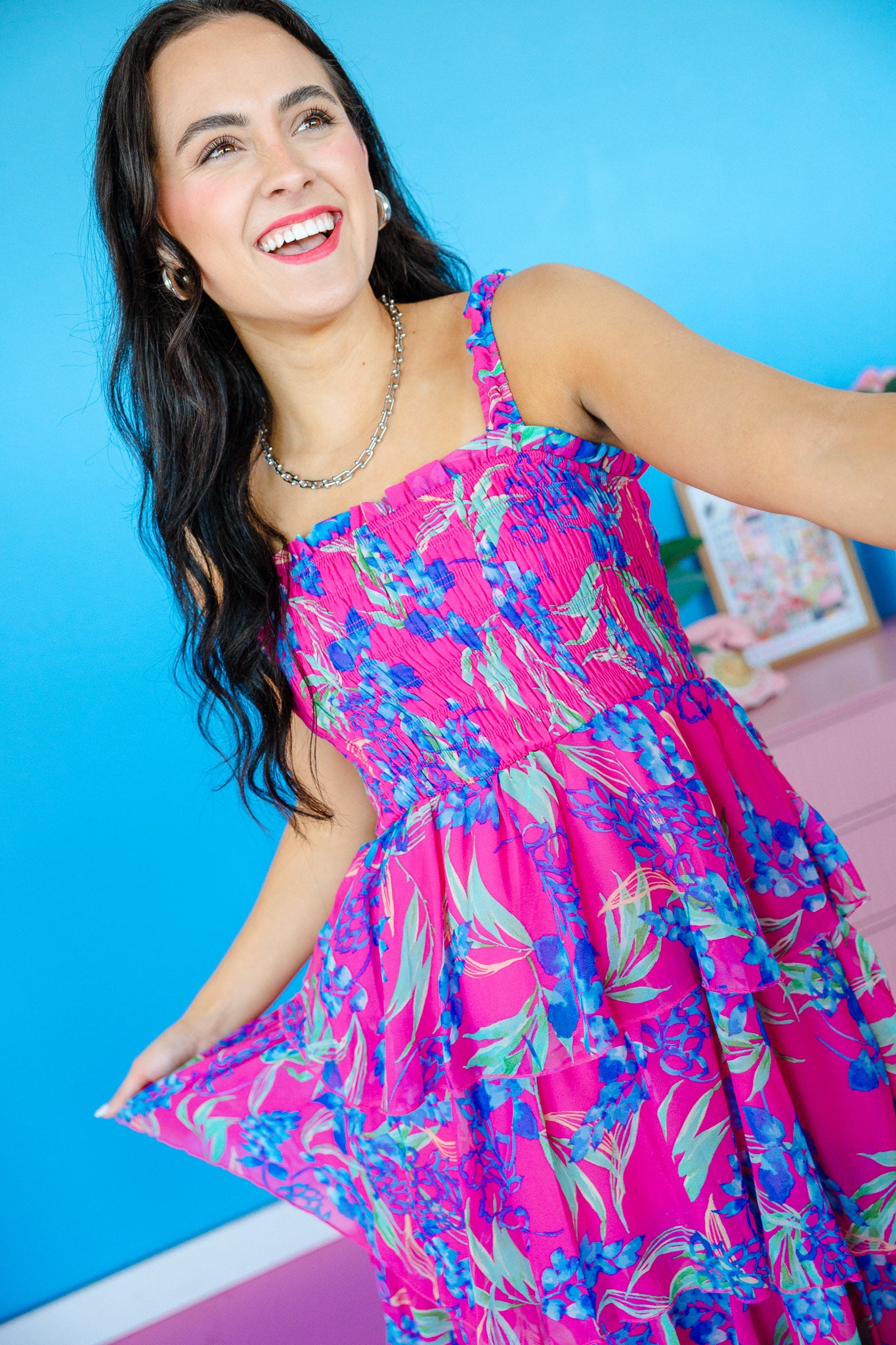 Island Escape Smocked Midi Dress - Fuschia Floral
