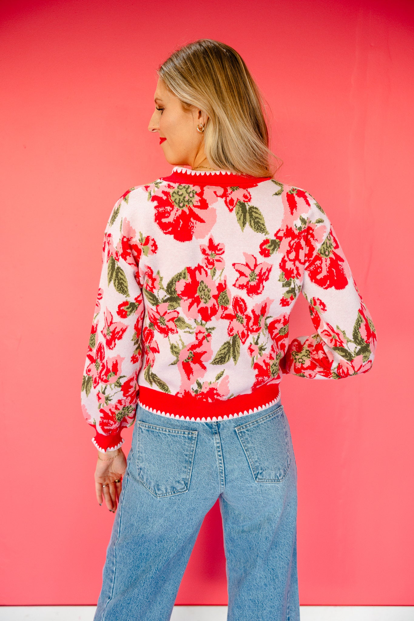Kristina Floral Cardigan - Coral Red + Pink + Olive
