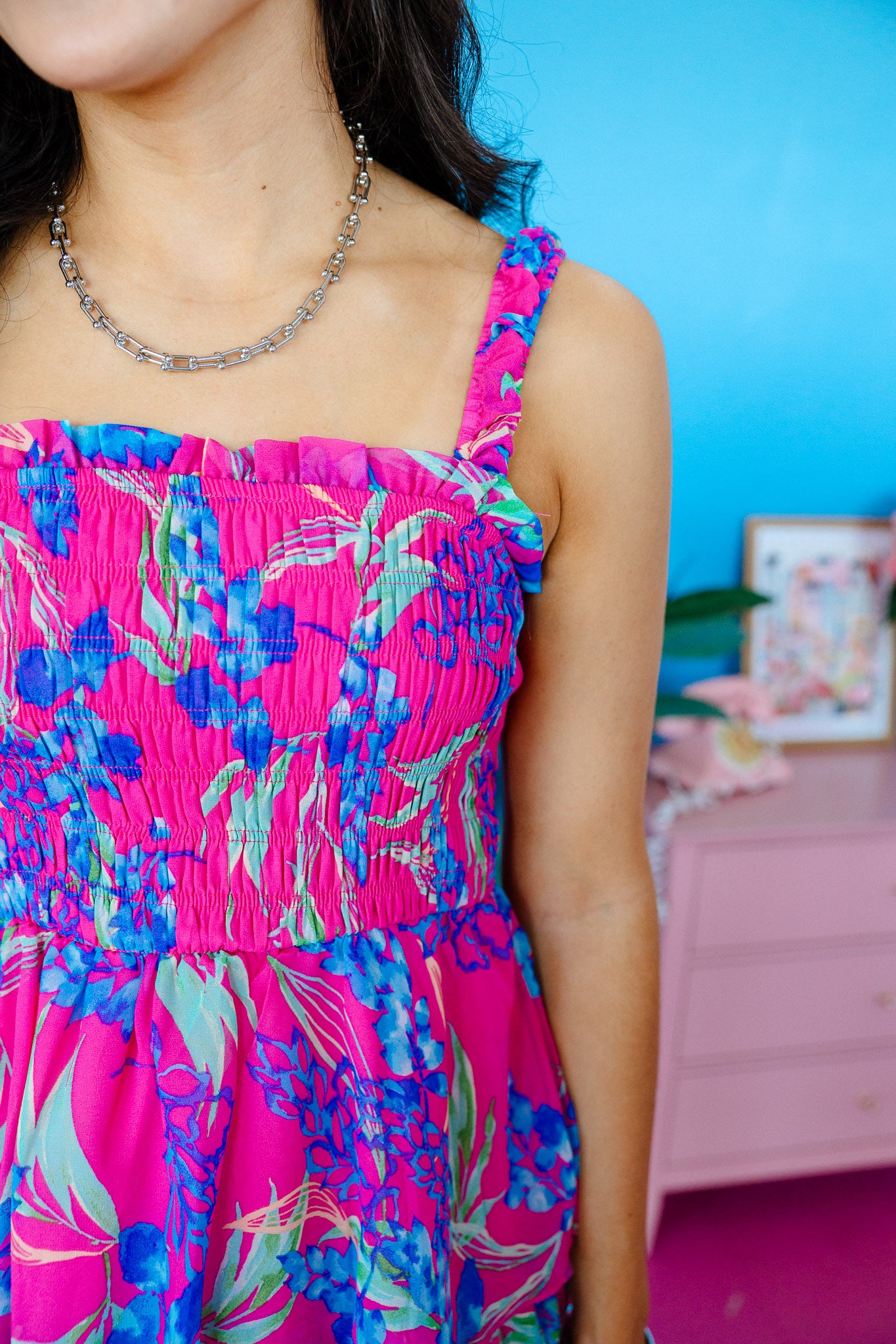 Island Escape Smocked Midi Dress - Fuschia Floral