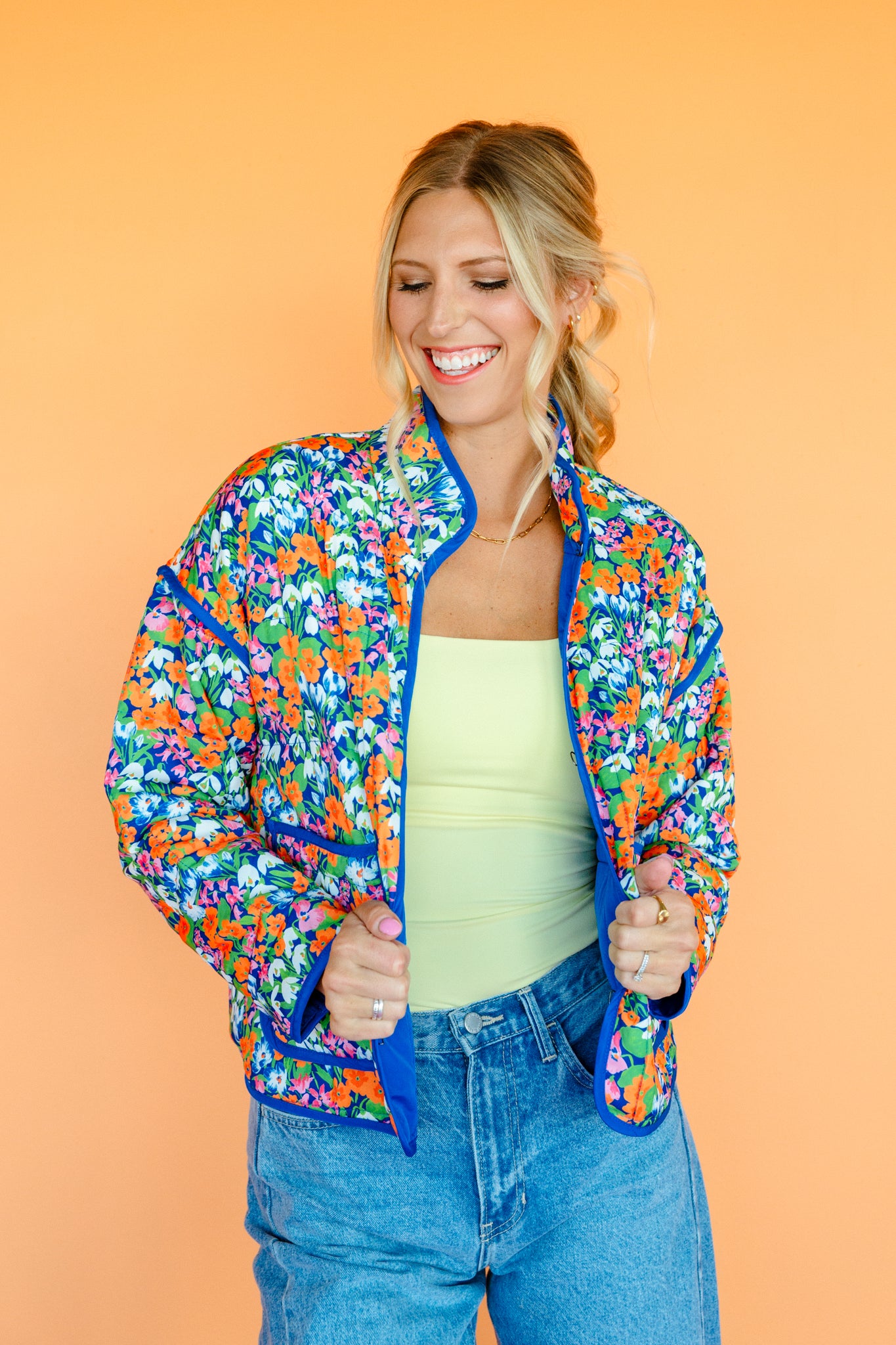 Delilah Floral Quilted Jacket - Bright Blue + Leaf Green